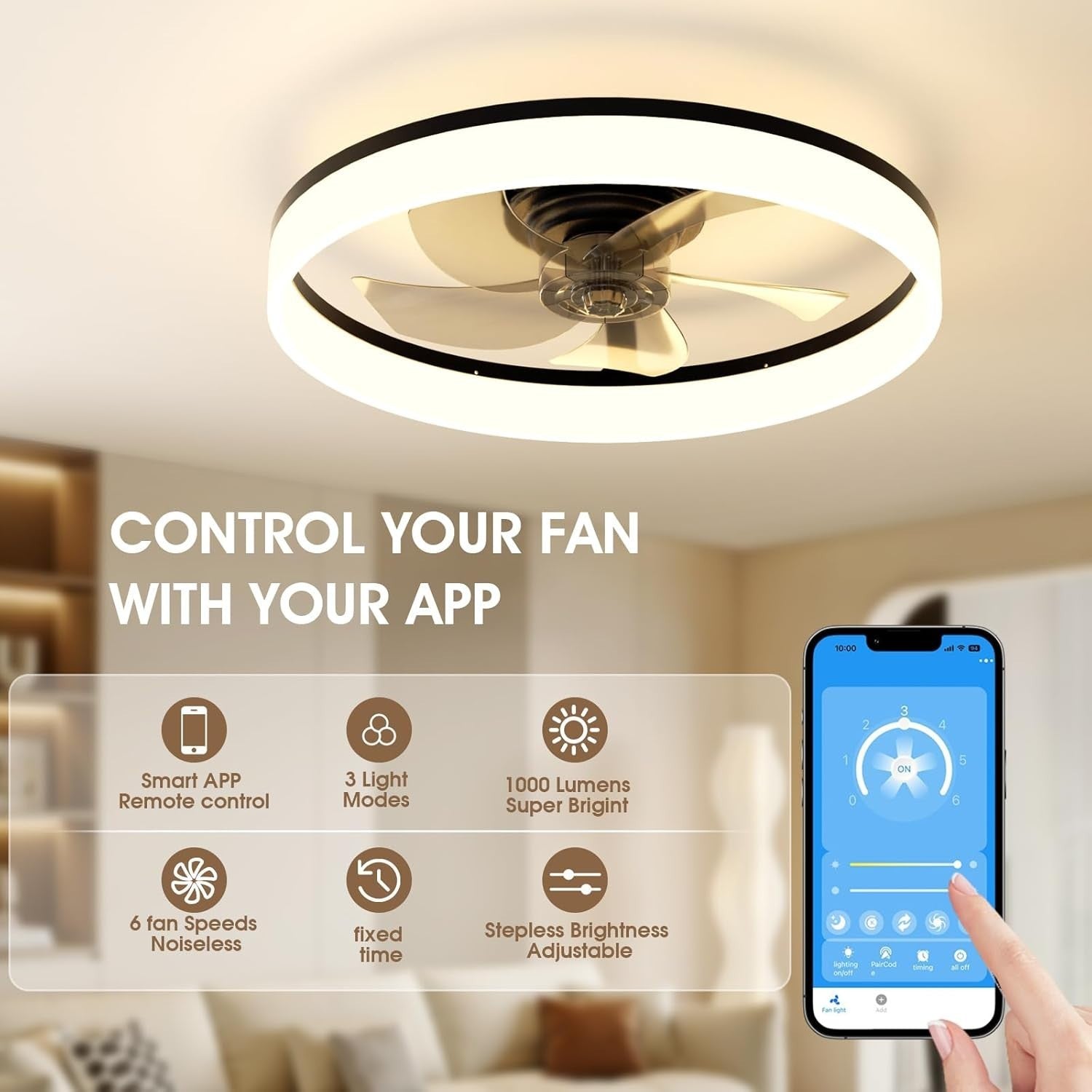 50CM LED Ceiling Fan with Light, 6 Speeds, Remote Control, Dimmable