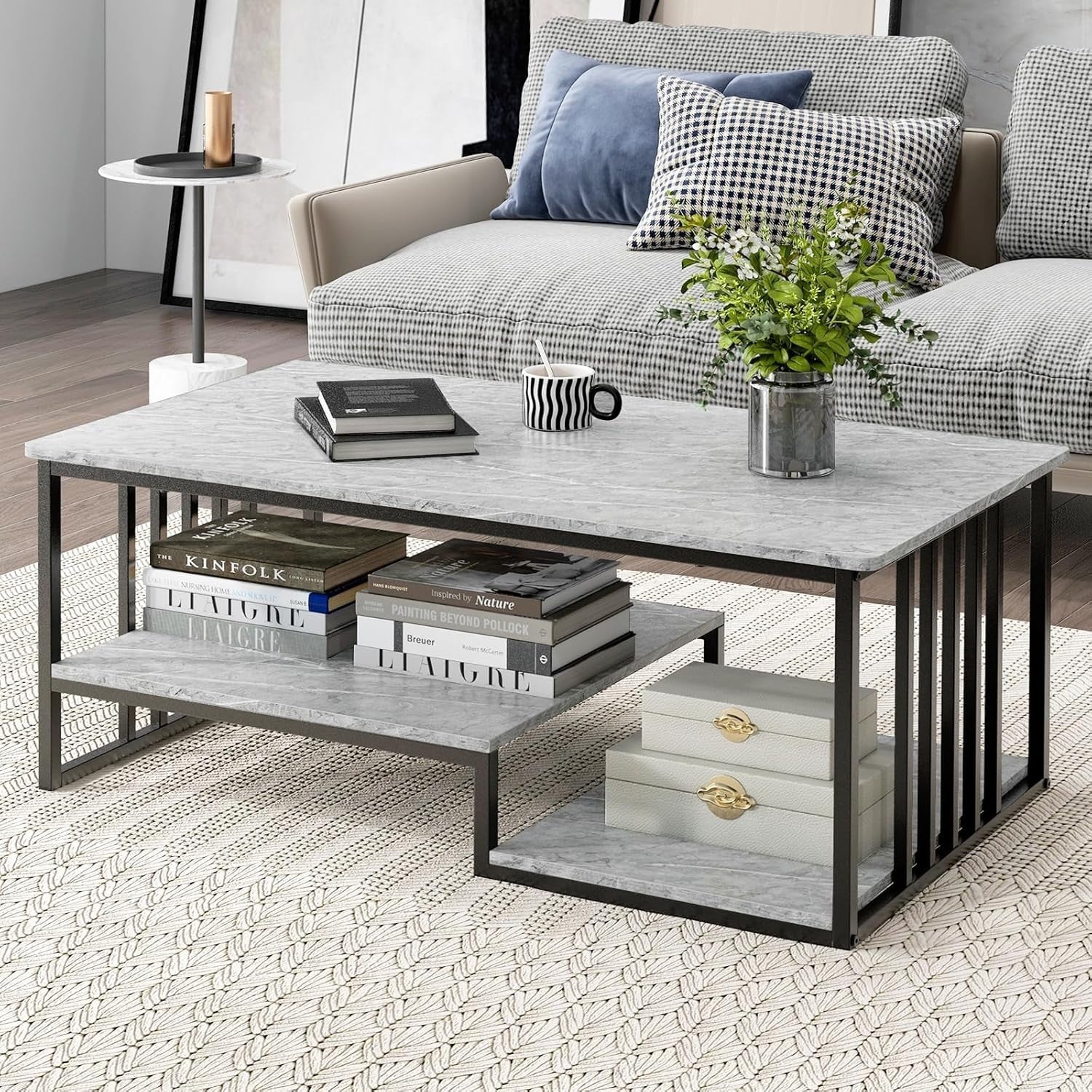 3-Tier Faux Marble Coffee Table with Storage Shelves & Sturdy Metal Frame