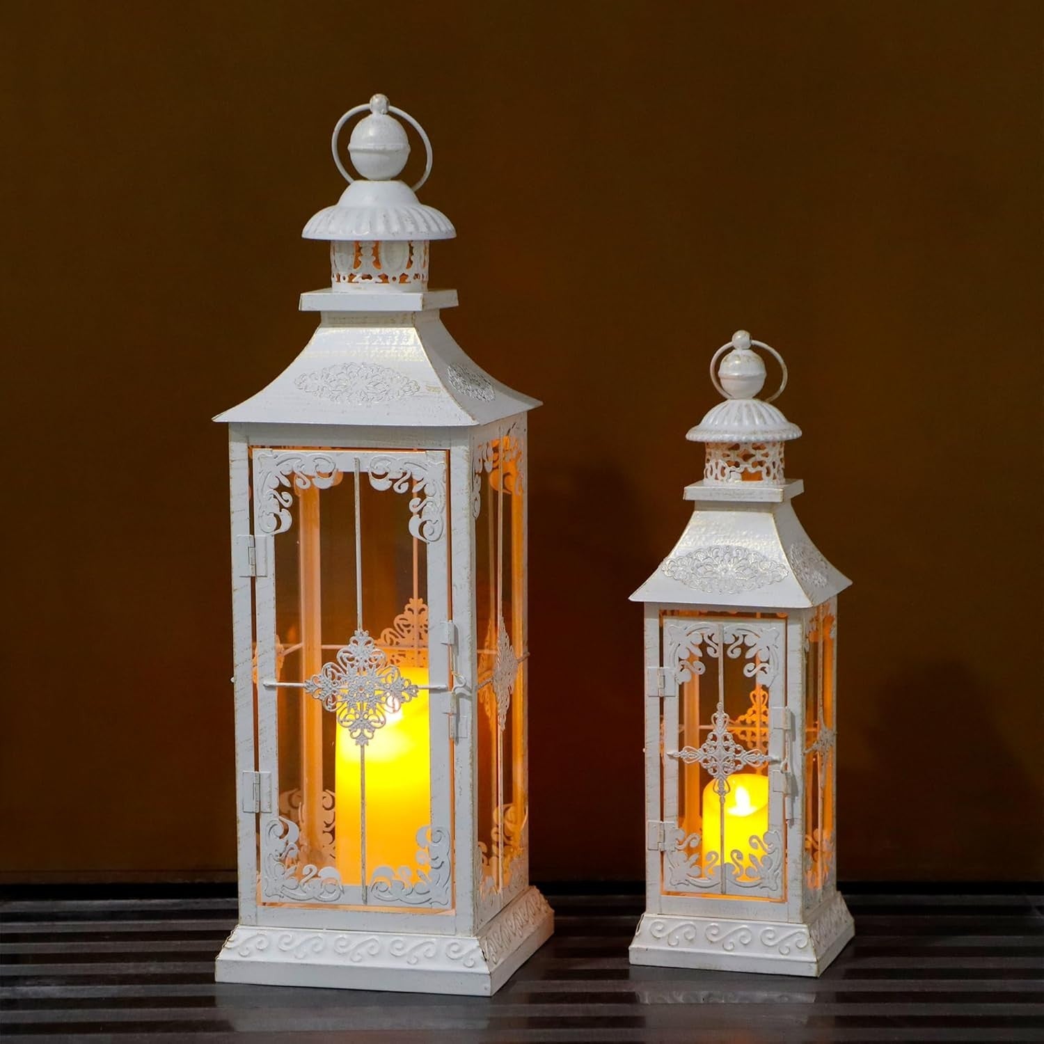 2 Pack White Gold Vintage Metal Candle Lanterns Indoor Outdoor