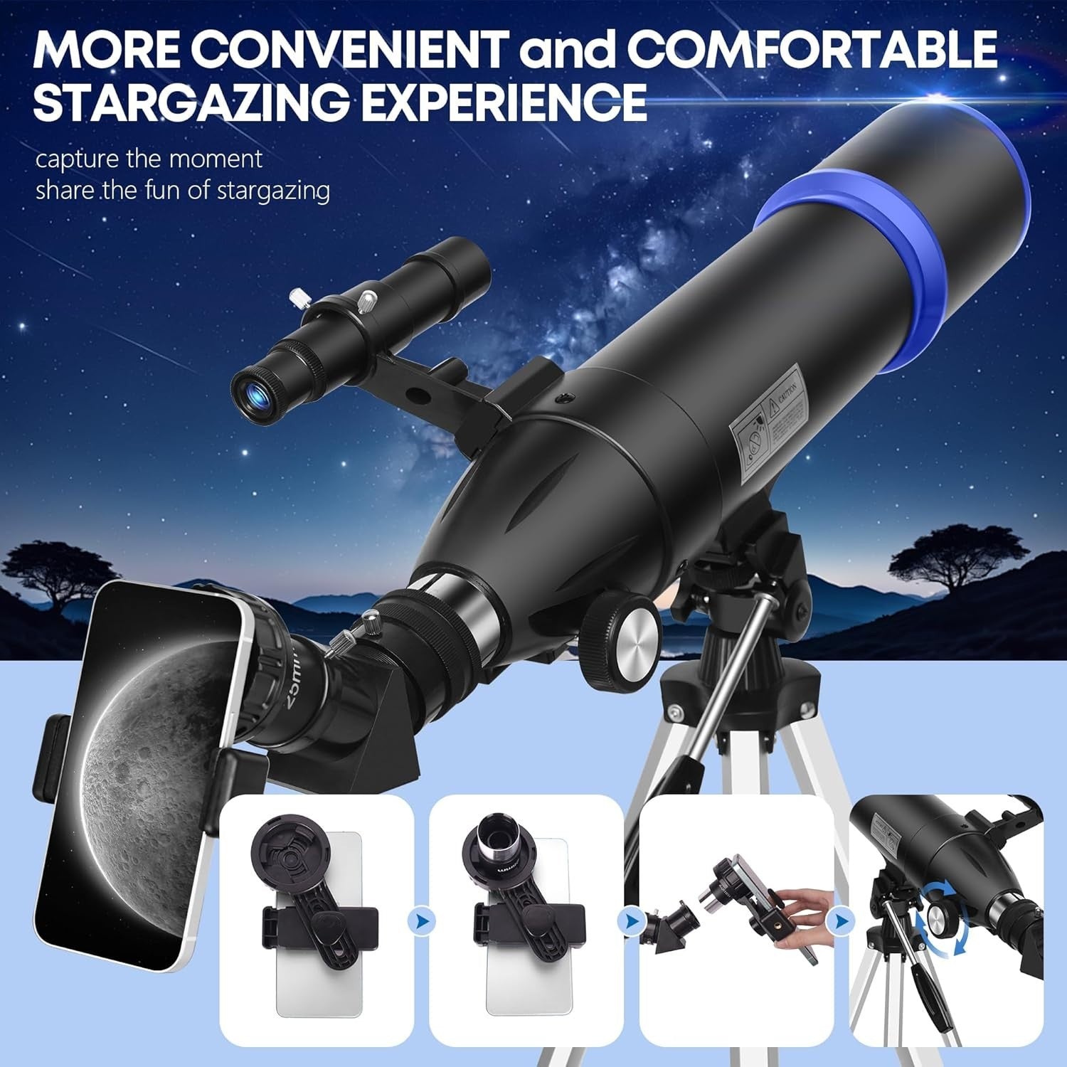 80mm Aperture 600mm Refractor Telescope for Adults & Kids - Black-1