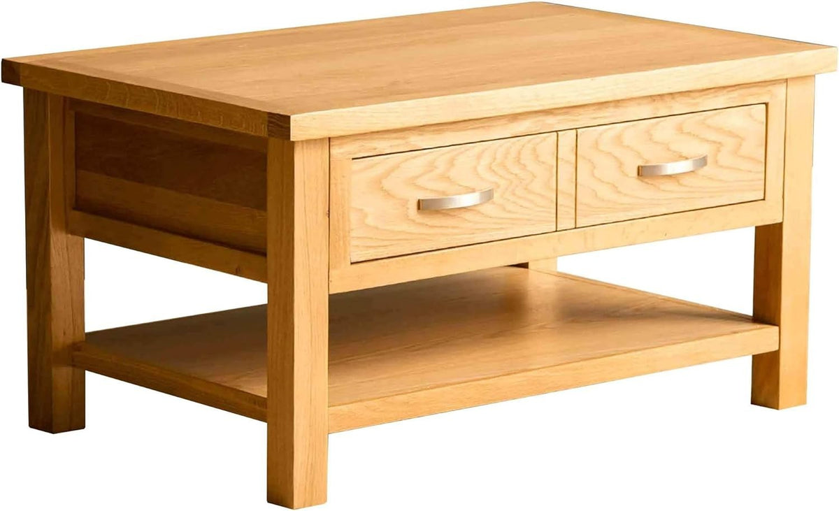 Solid Oak Coffee Table with Storage Drawer & Shelf | Rustic Wood 85x55