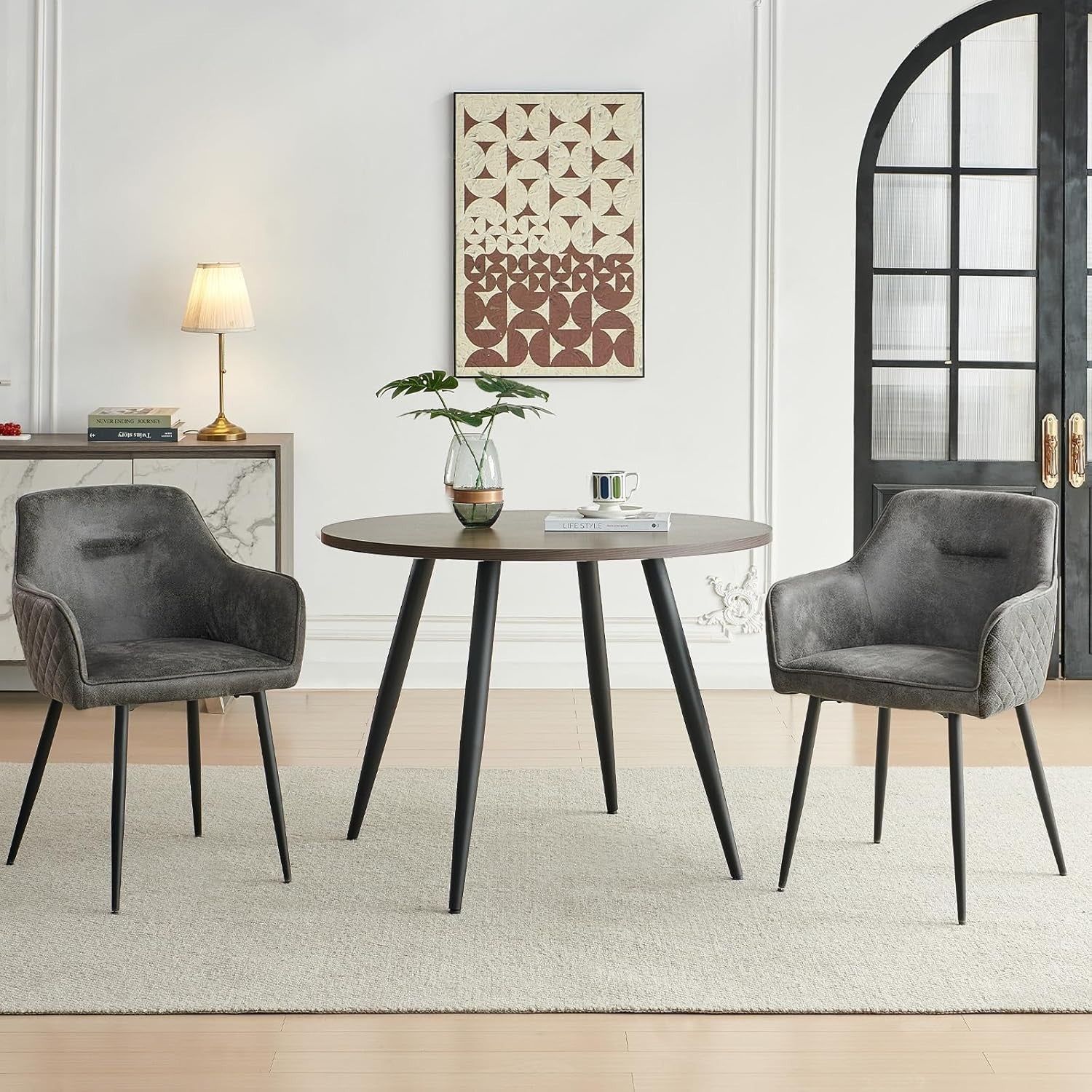 Round Dark Walnut Dining Table Set with 2 Grey Faux Suede Chairs Kitchen