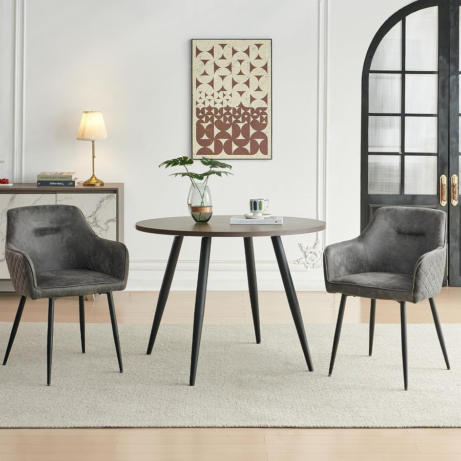 Round Dark Walnut Dining Table Set with 2 Grey Faux Suede Chairs Kitchen