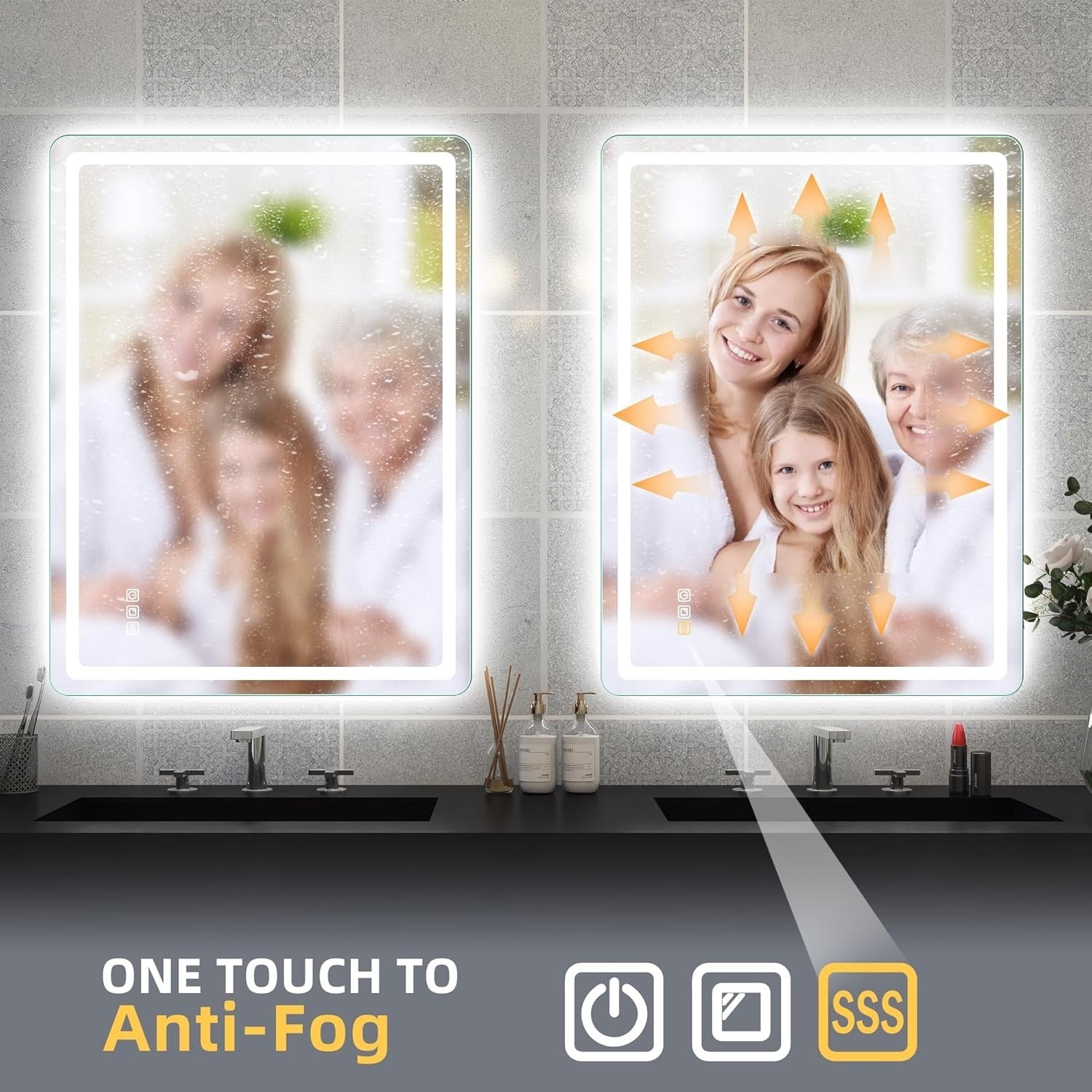 LED Bathroom Mirror 60x80 cm Silver Frame, Dual Light, Anti-Fog, Dimmable
