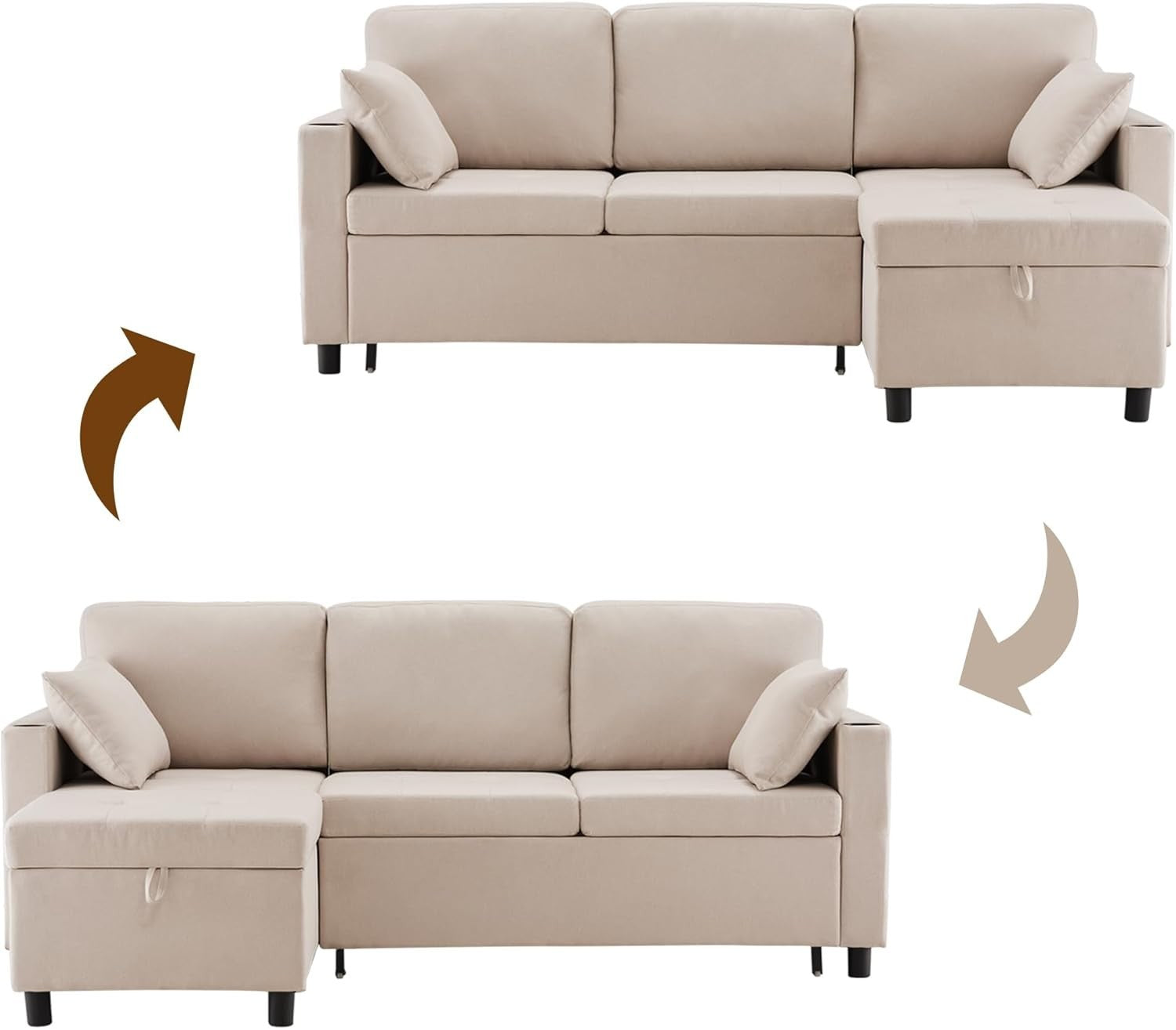 L Shape Sofa Bed w/Storage Pull Out Sleeper Cup Holders Beige 3 Seater