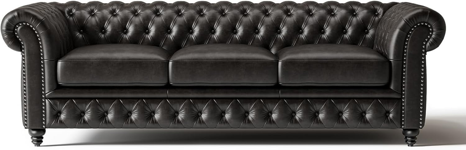 92" Chesterfield Full-Aniline Leather Sofa 3 Seater Classic Black Couch
