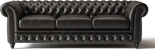 92" Chesterfield Full-Aniline Leather Sofa 3 Seater Classic Black Couch
