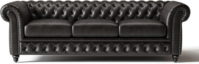 92" Chesterfield Full-Aniline Leather Sofa 3 Seater Classic Black Couch