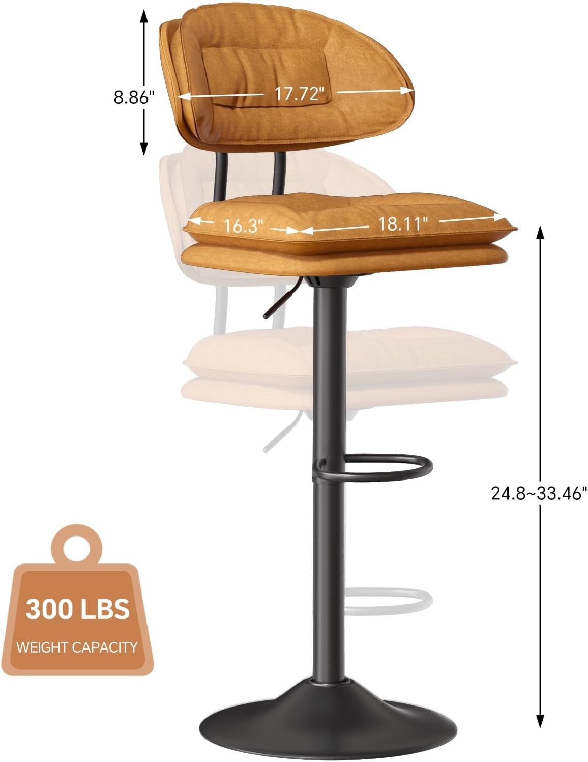Adjustable Swivel Bar Stools Set of 2 | Orange Faux Leather Counter Height