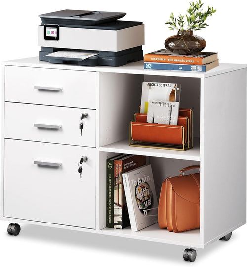 White Mobile File Cabinet 80x40x63cm Lockable Drawers Printer Shelf
