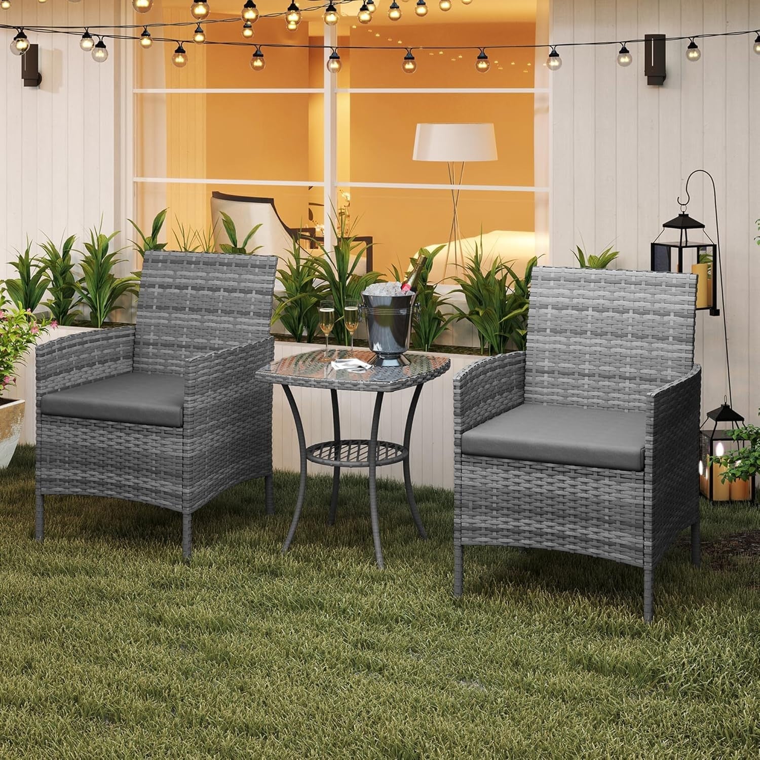 Outdoor Rattan Bistro Set 3PC | Waterproof Cushions | Small Garden Patio