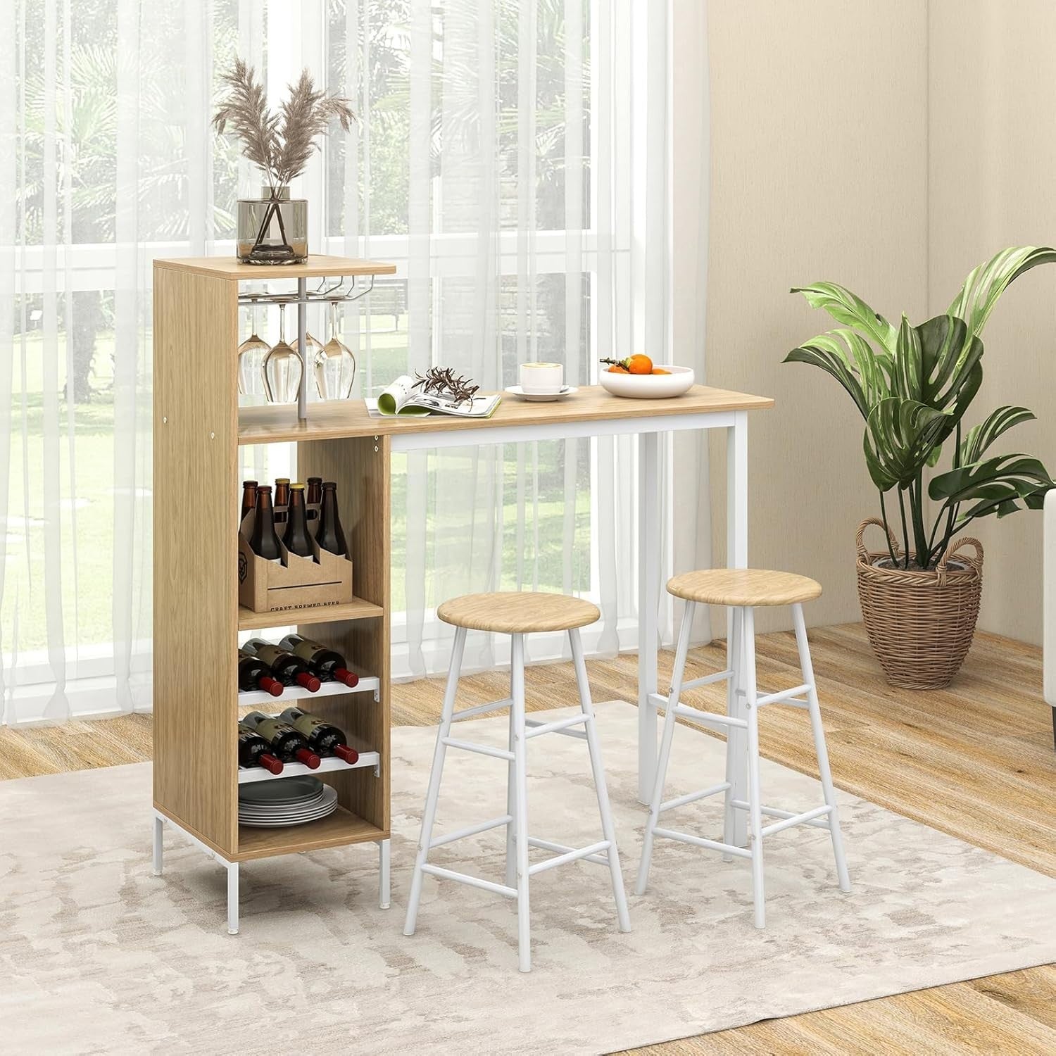 Natural Bar Table Set with Stools, Wine Rack, Shelves & Counter Dining Unit
