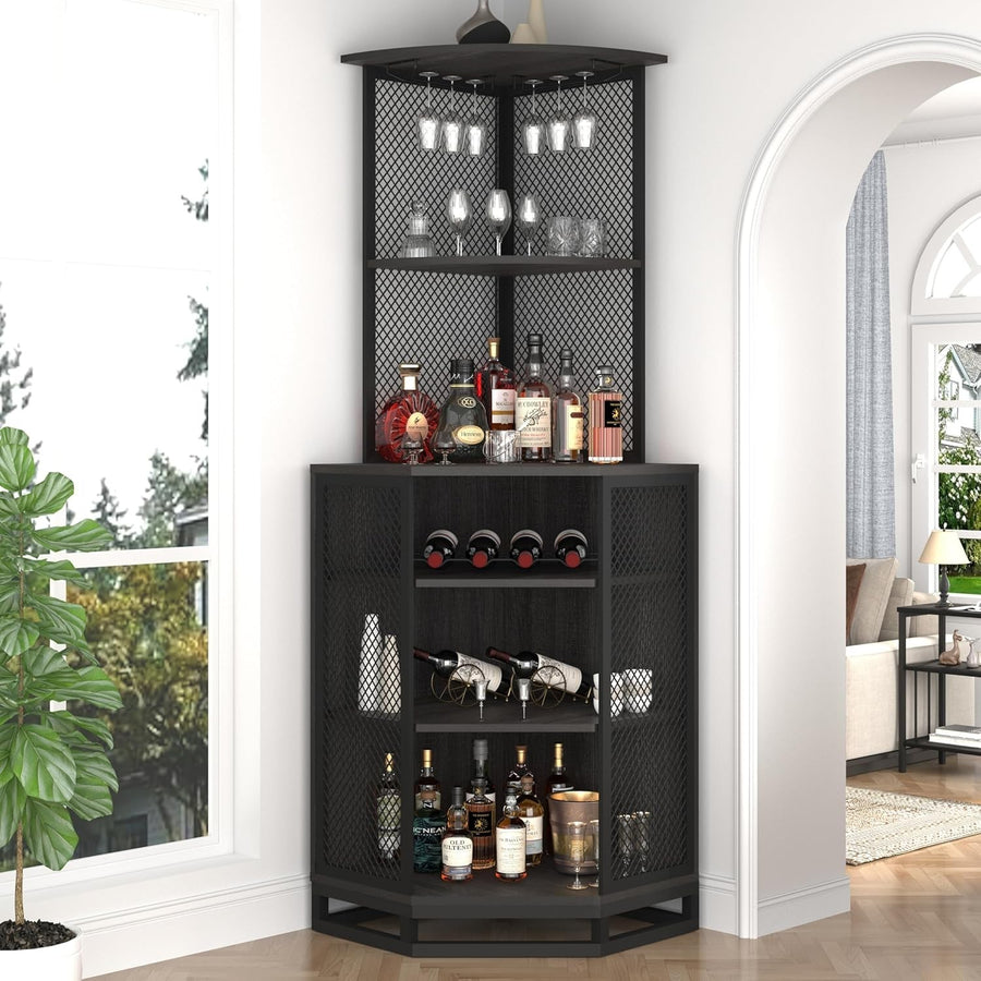 Tall Corner Bar Cabinet with Wine Rack & Adjustable Shelves Home Bar Unit