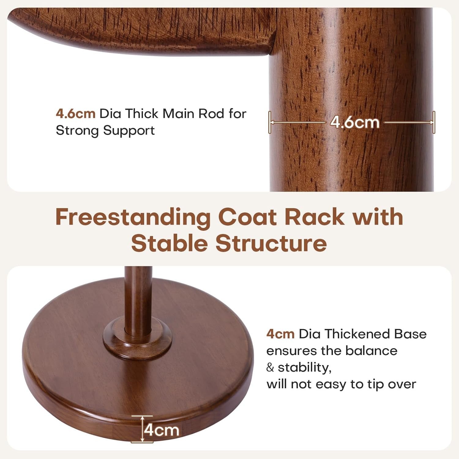 Solid Walnut Wood Coat Rack 180cm Freestanding 5 Hook Stand with Round Base