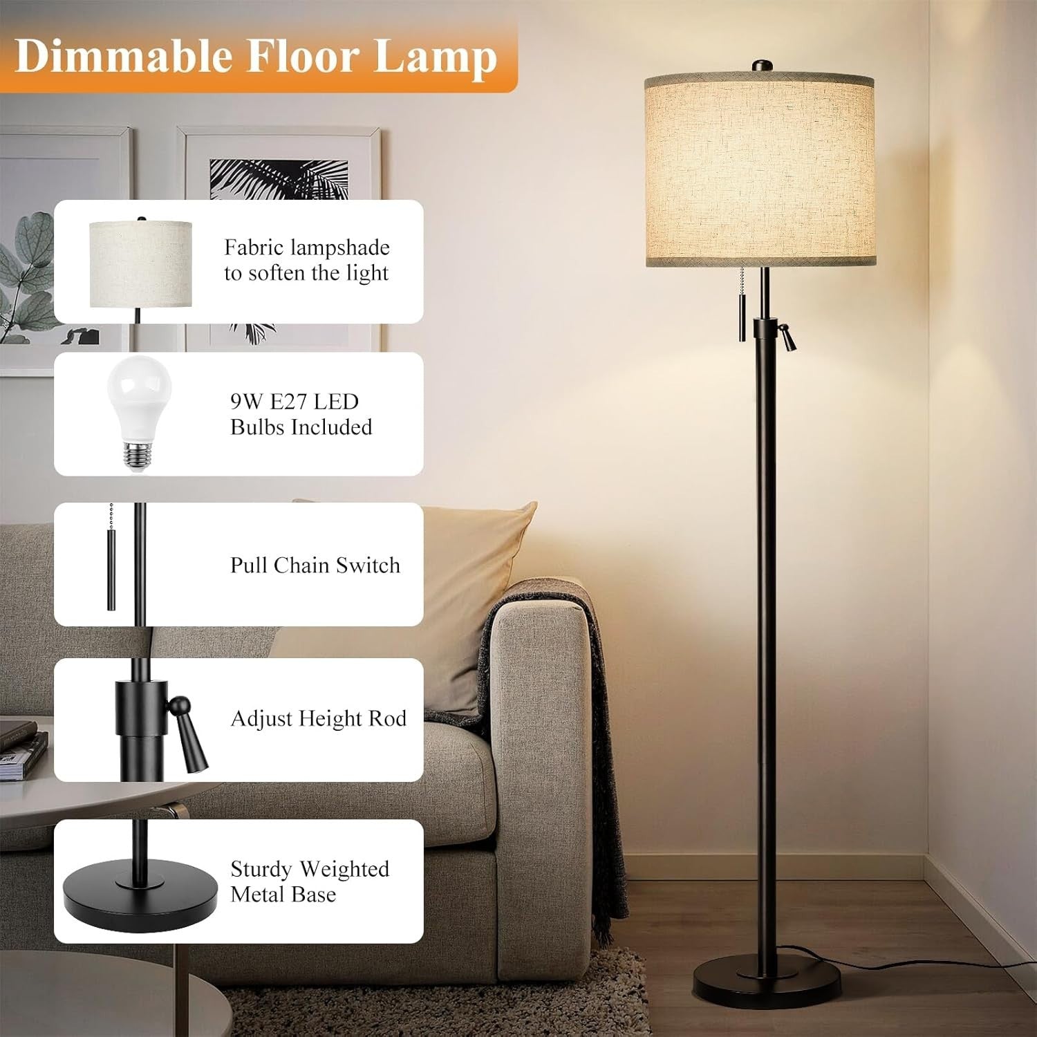 Adjustable Black Floor Lamp with Lampshade, 3 Color Temps & Remote