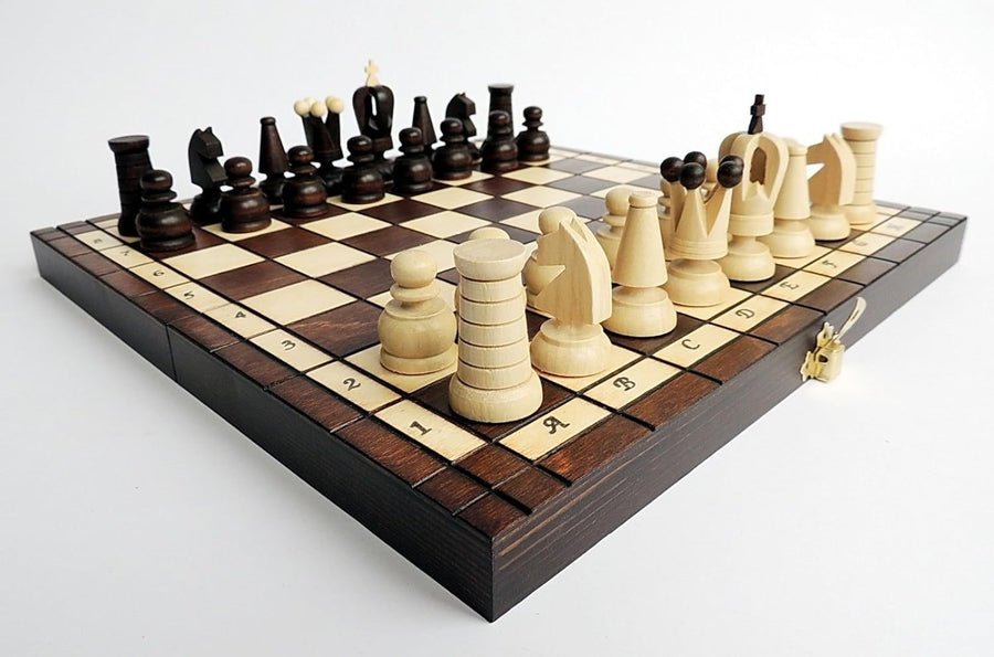 31cm Wooden Travel Chess Set with Red Felt | Portable Board & Handcrafted Pieces