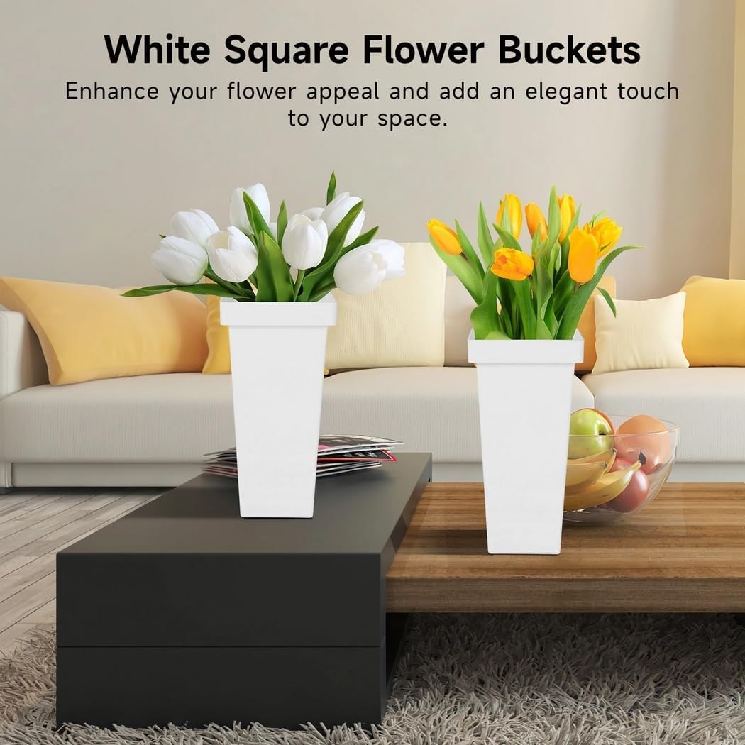 6 Pack Tall Square Flower Buckets White Modern Floral Display Vases 34cm