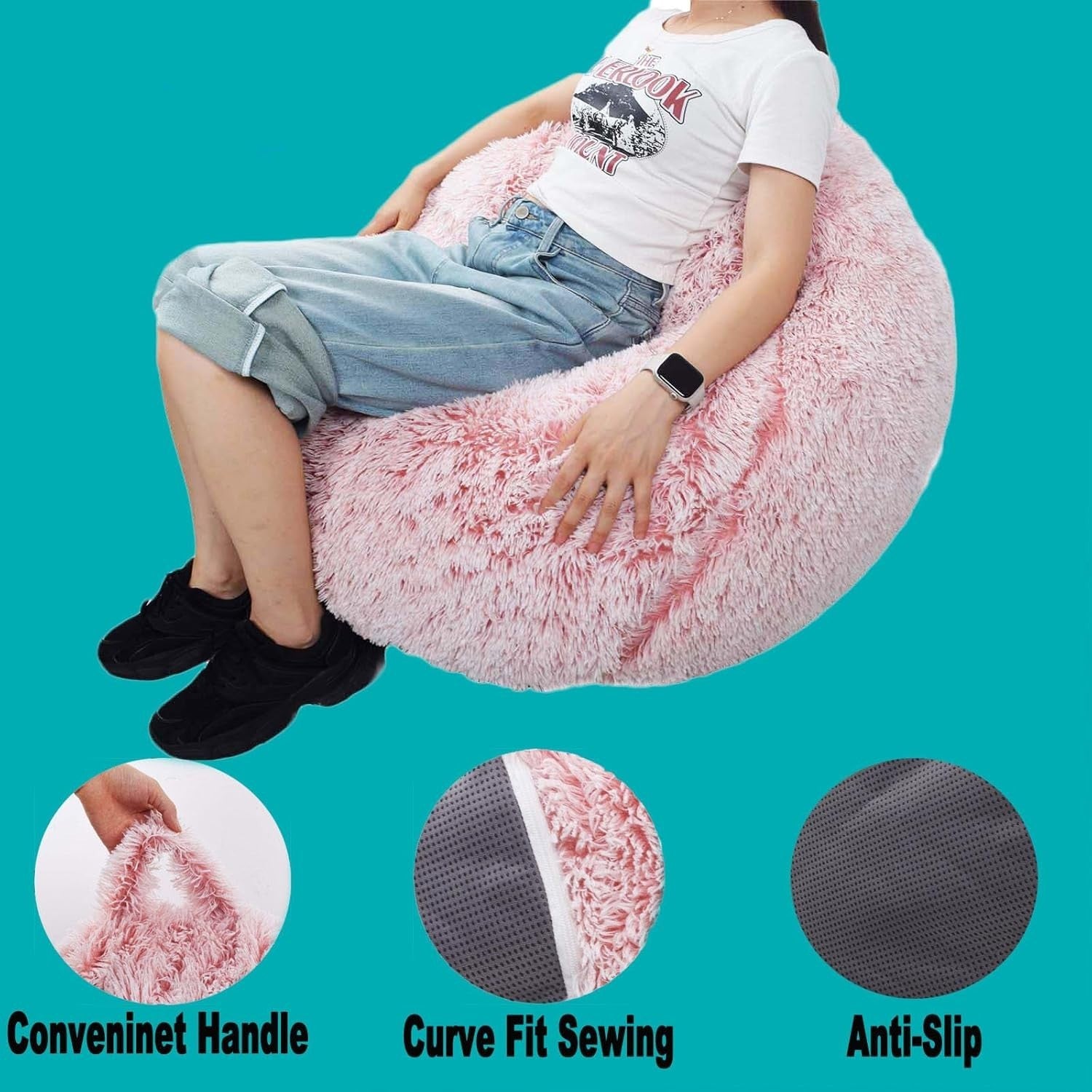 Plush Fluffy Bean Bag Cover for Stuffed Toys Storage Kids Teens Adults Pink