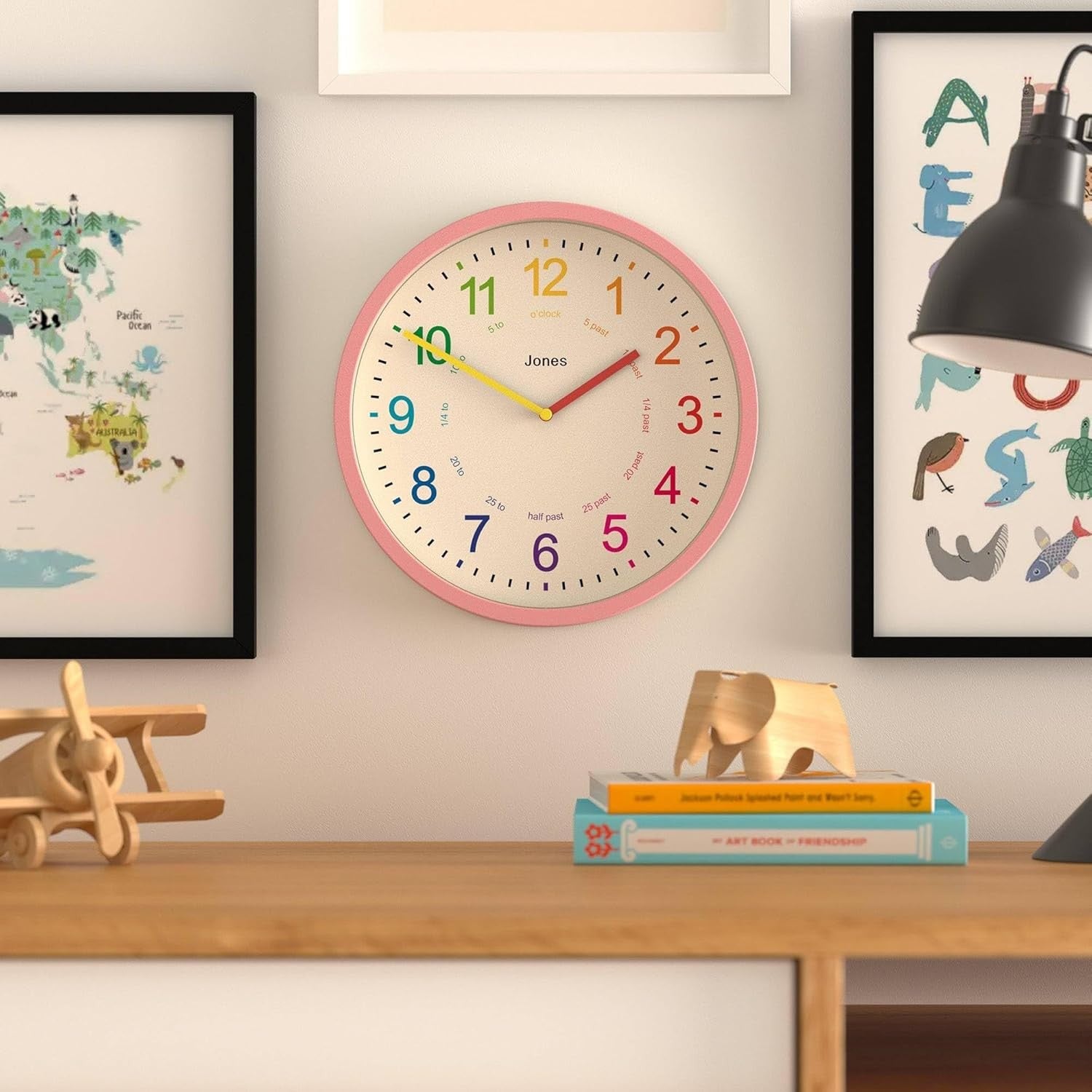 25cm Kids Wall Clock Pink – Silent Non-Ticking Colourful Numbers Learn Time