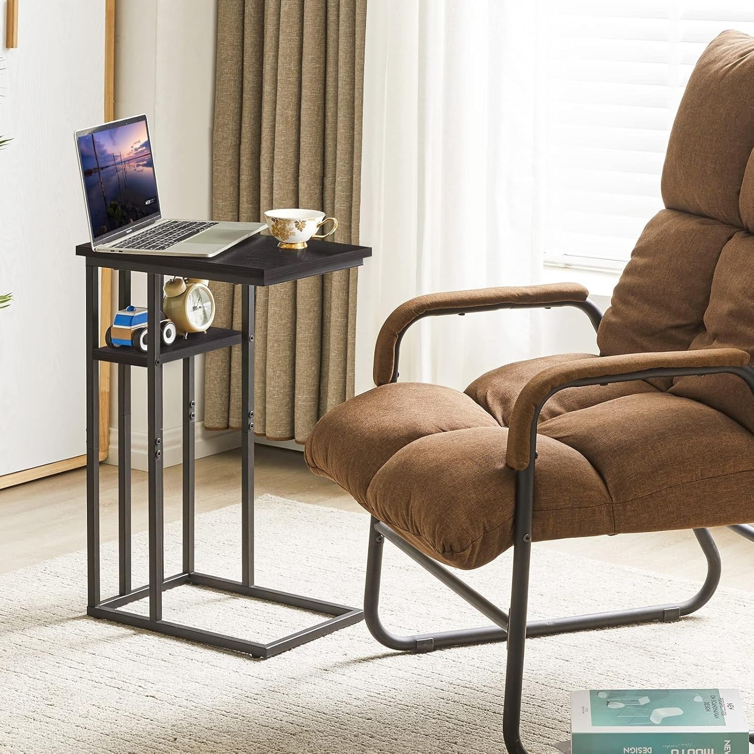 Black C-Shaped Side Table 40x26x61 cm | Small End Table for Sofa & Bed