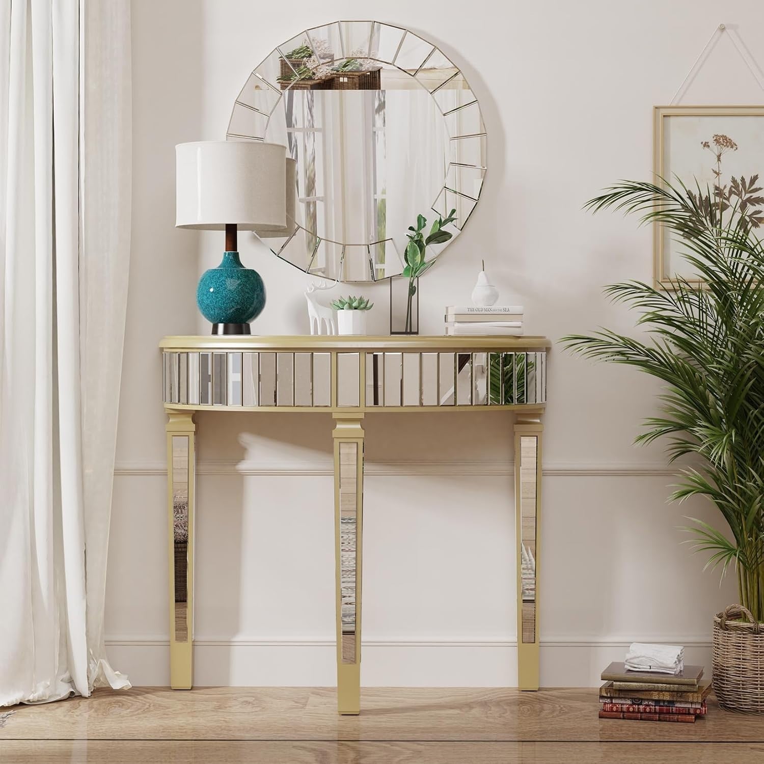 Elegant Mirrored Half Moon Console Table 90x35x80.5cm - Chic Hallway Decor