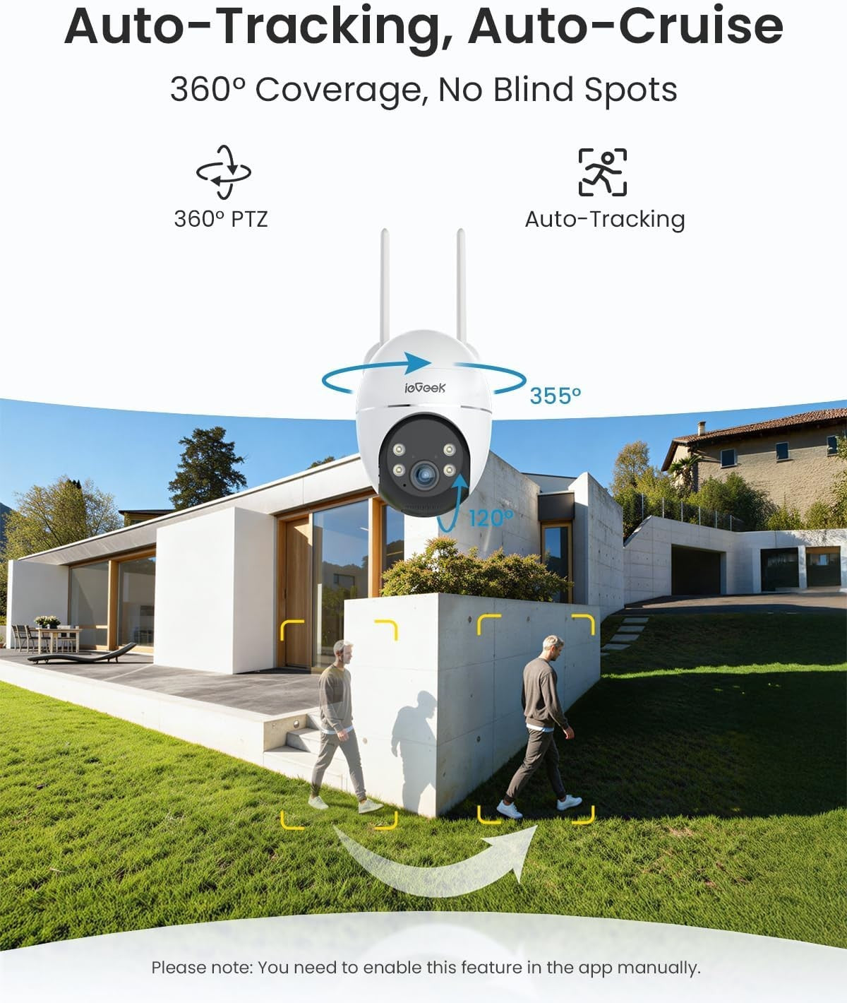 Solar Security Camera 360° PTZ 24/7 Recording Auto Tracking 3MP WiFi