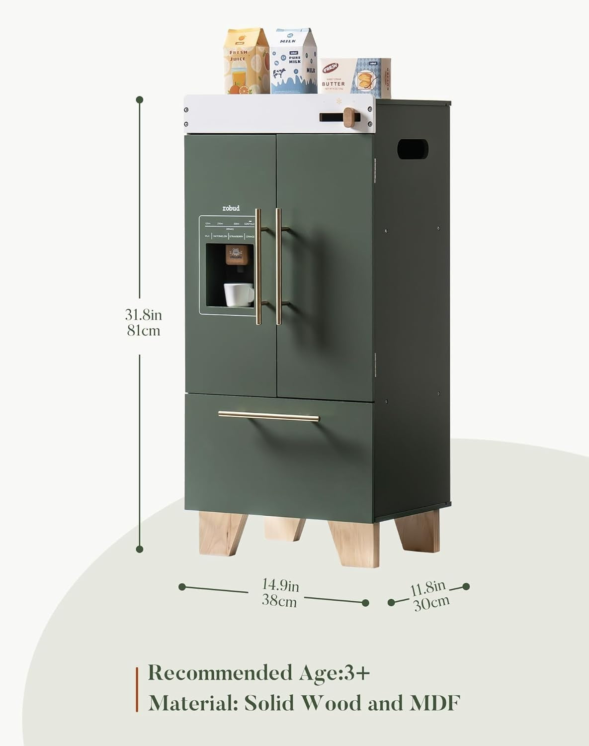 Wooden Kids Toy Fridge Vintage Green Pretend Kitchen Refrigerator