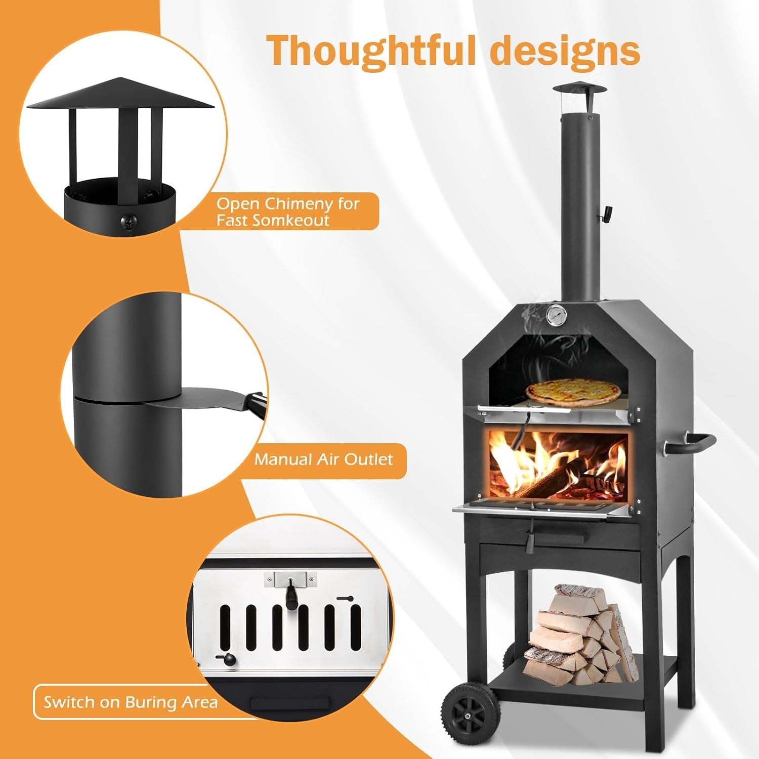 Outdoor Wood Fired Pizza Oven | BBQ Grill with Chimney, Stone & Thermometer