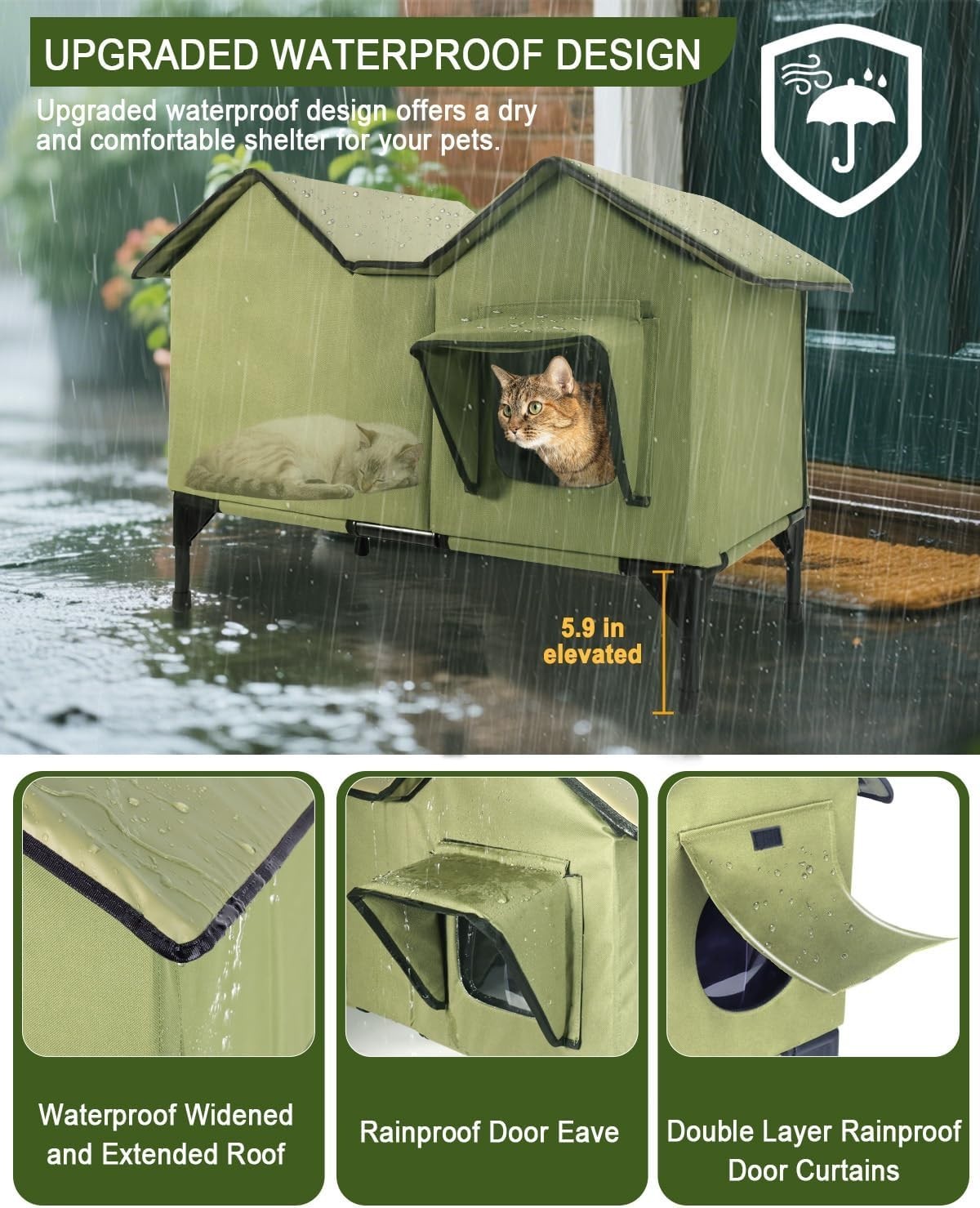 Waterproof Outdoor Cat House Extra Large Shelter with Cushion & Elevated Base