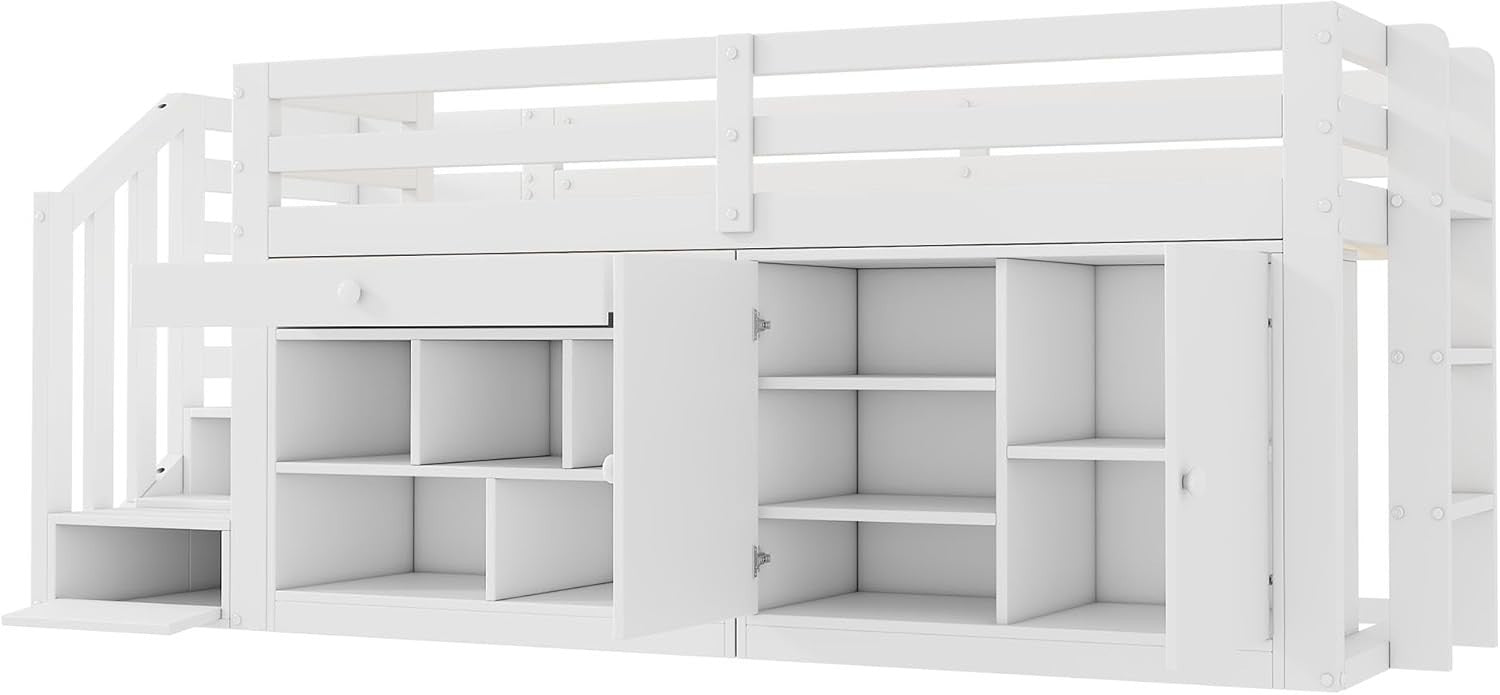 White Kids Cabin Bed with Storage Drawers, Desk & Steps 90x190cm