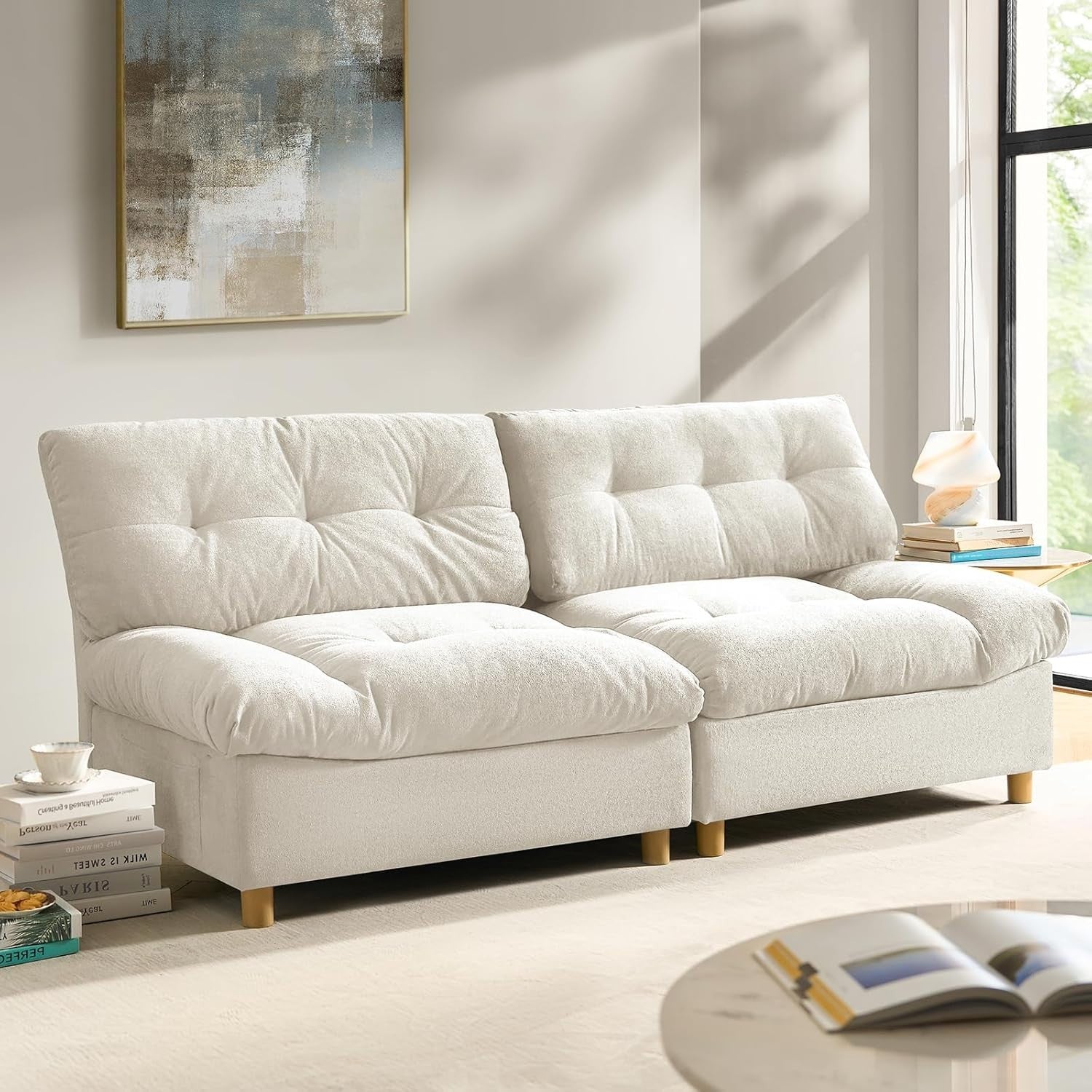 Beige 2 Seater Sofa Deep Seat Loveseat with Storage Modern Tufted Couch