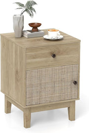 Modern Rattan Bedside Table with Drawer & Door, Solid Wood Legs, Boho Nightstand