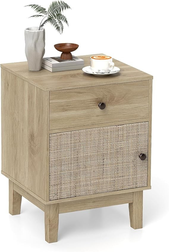 Modern Rattan Bedside Table with Drawer & Door, Solid Wood Legs, Boho Nightstand