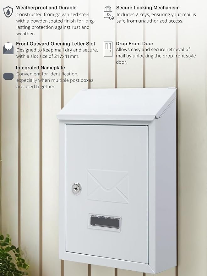 Lockable Wall Mounted Mailbox White – Weatherproof Steel Post Box for A5 Letters