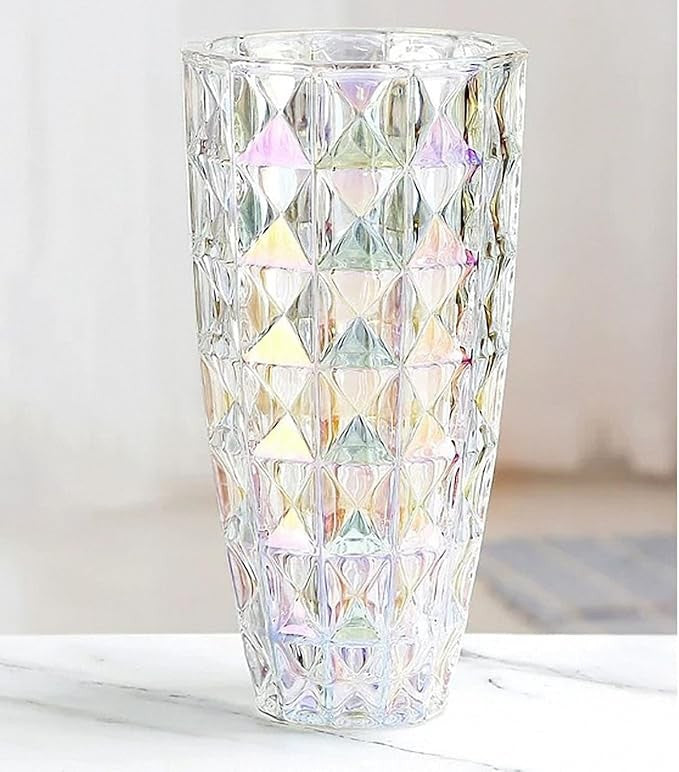 Diamond Cut Glass Vase Tall Crystal Style Flower Vase Luxury Home Decor