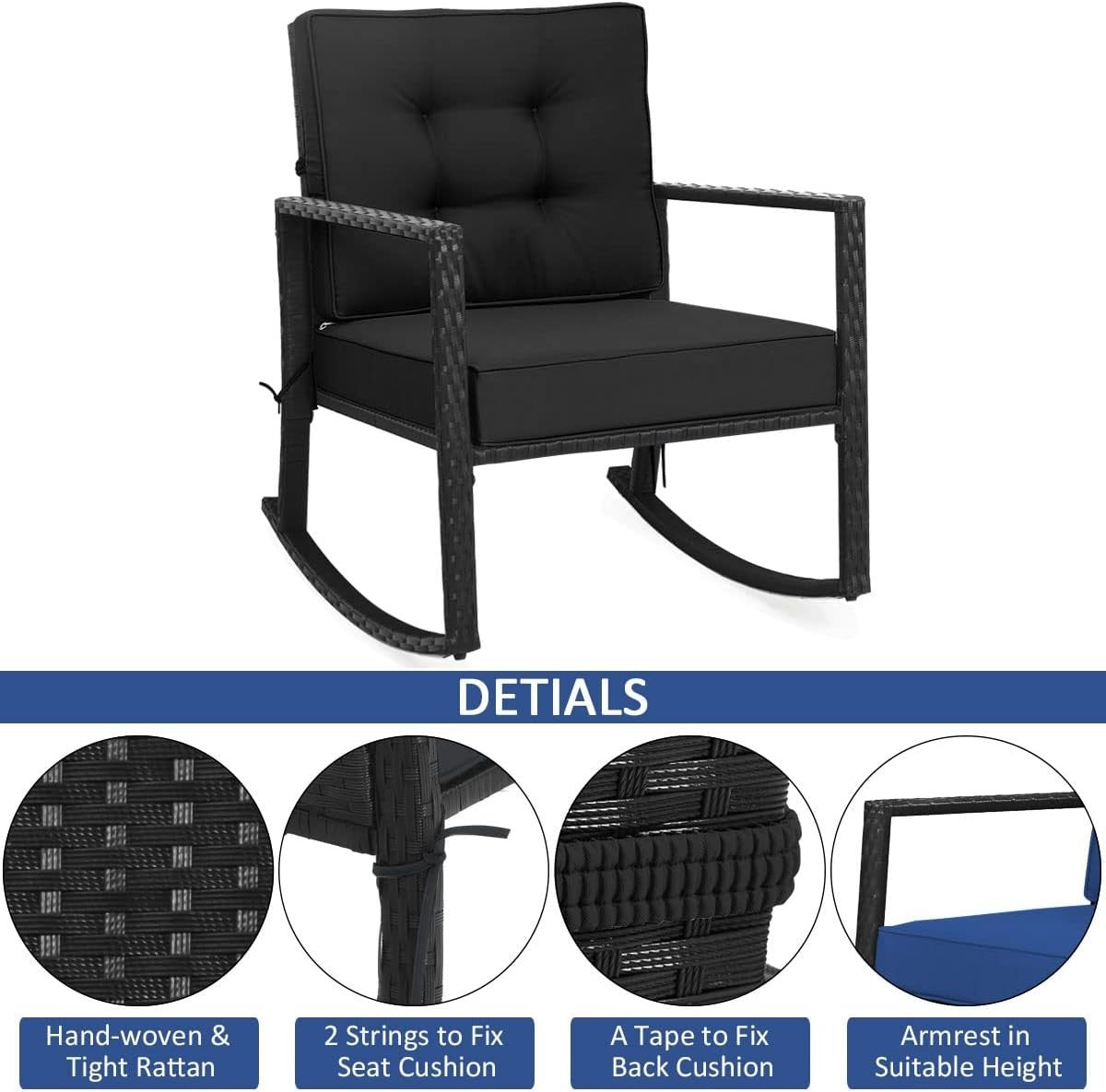 Outdoor Rattan Rocking Chair Cushioned Patio Garden Porch Relaxer Seat