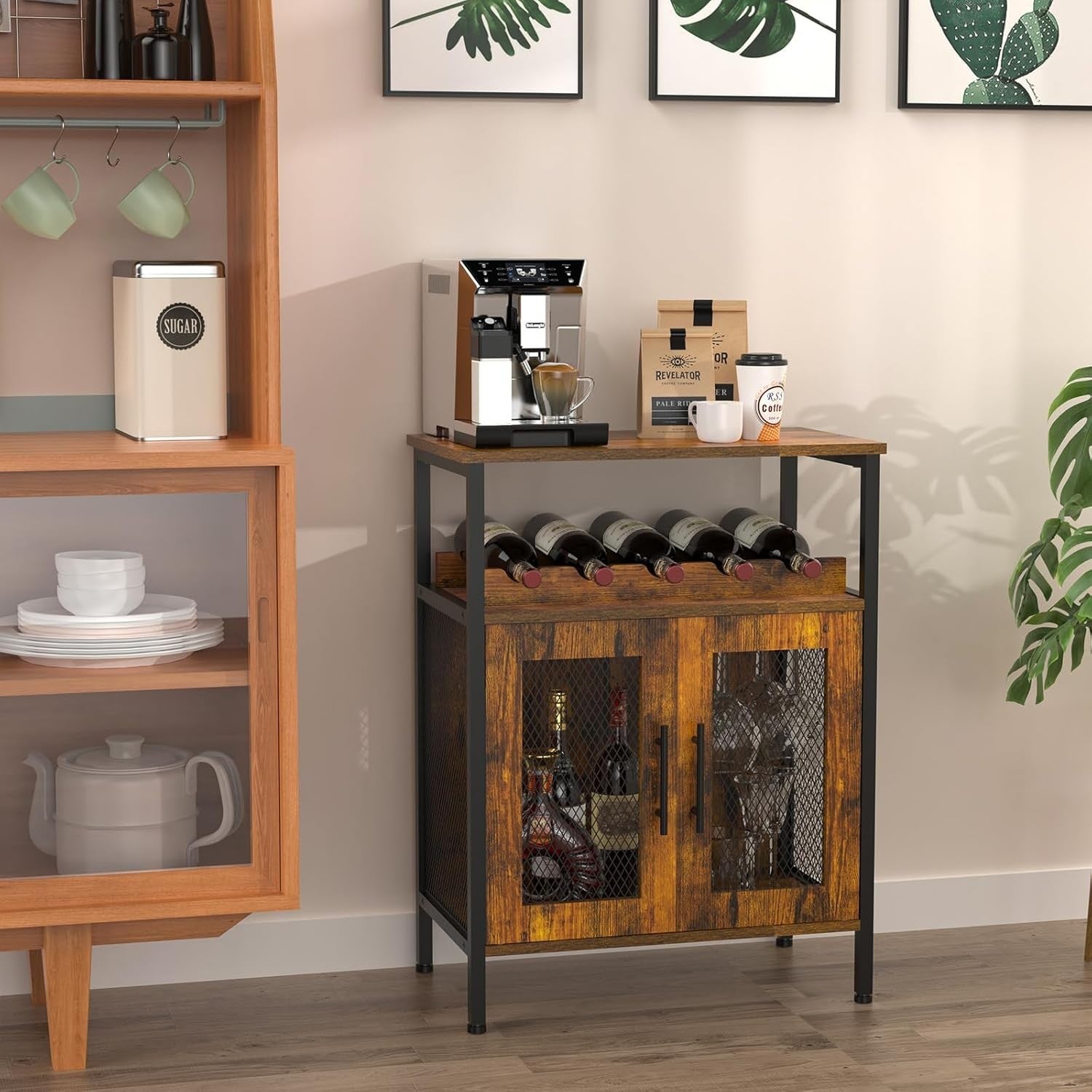Wine Bar Cabinet with Glass Holder & Bottle Rack | Rustic Brown Sideboard