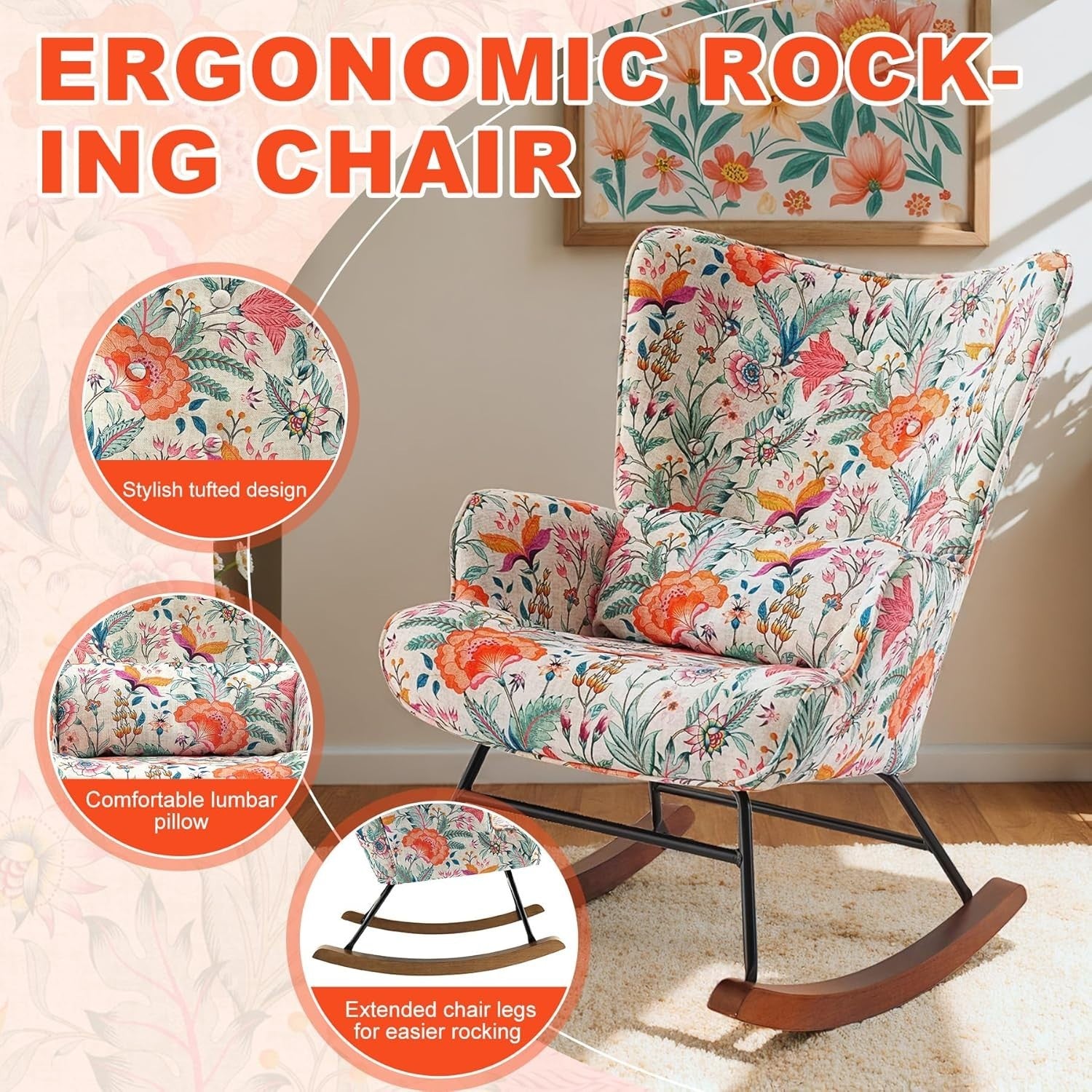 Floral Rocking Chair with Lumbar Support – Comfy Wood Accent Armchair 90cm