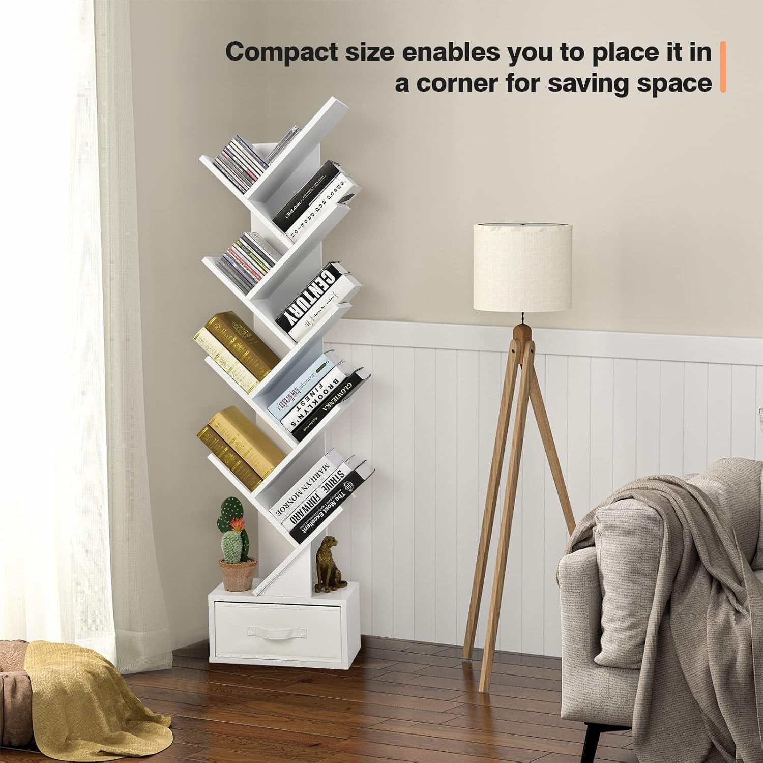 Modern 10-Tier Tree Bookshelf Slim Space-Saving Display Rack for Home Office