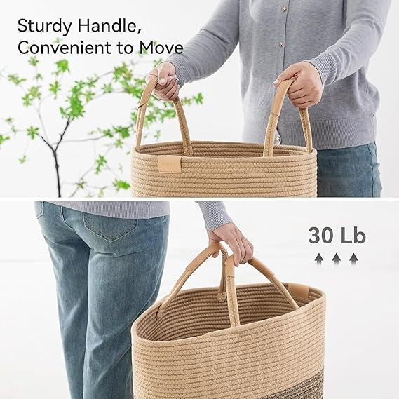 95L Large Foldable Laundry Basket with Leather Handles, Woven Dark Brown Striped