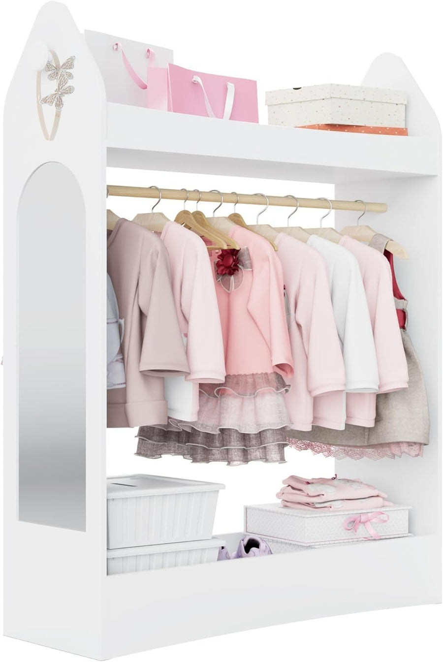 Kids Wardrobe with Mirror & Hanging Rail, No Drawer, White Rocket Design