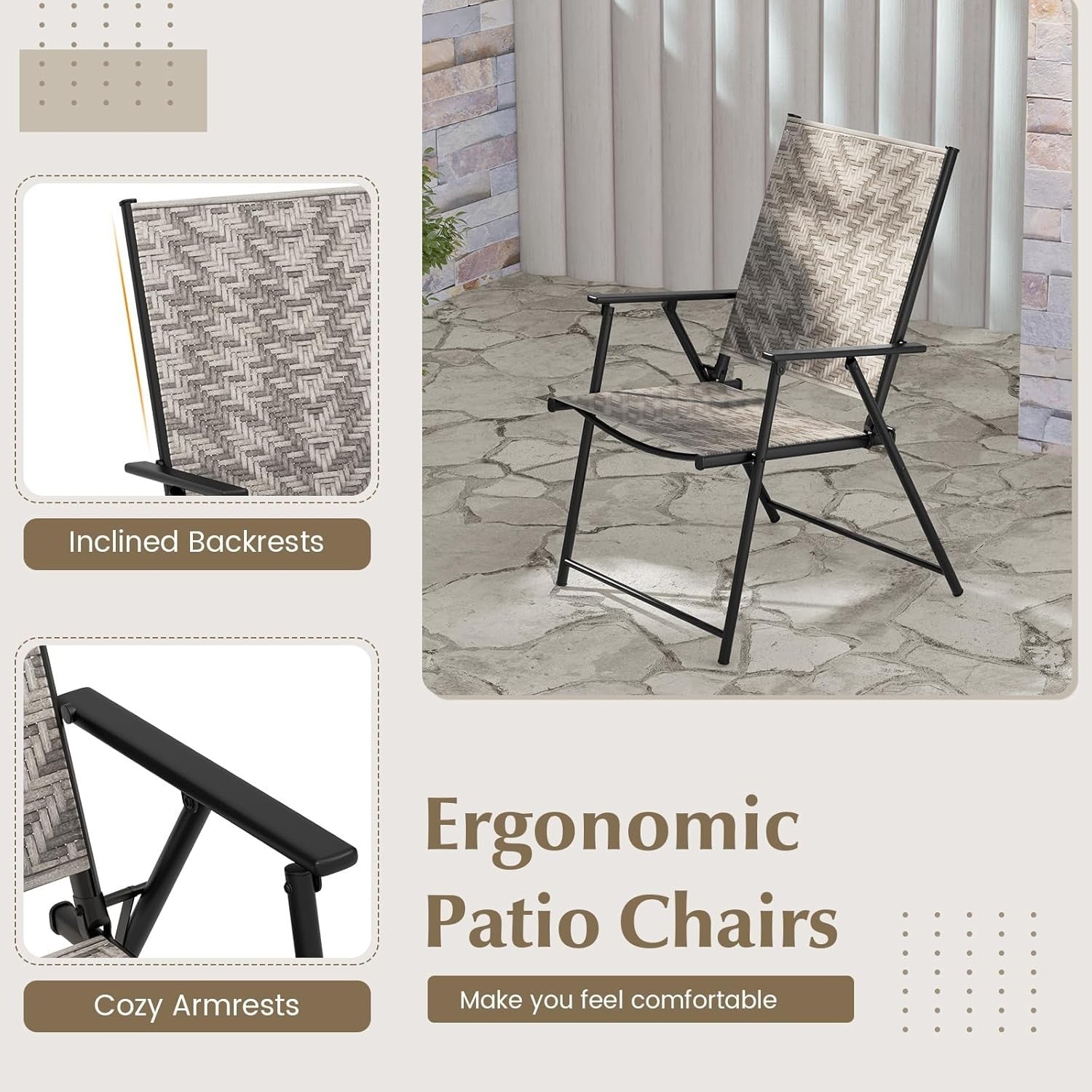 Set of 2 Folding Garden Dining Chairs Rattan Patio Armchairs Outdoor