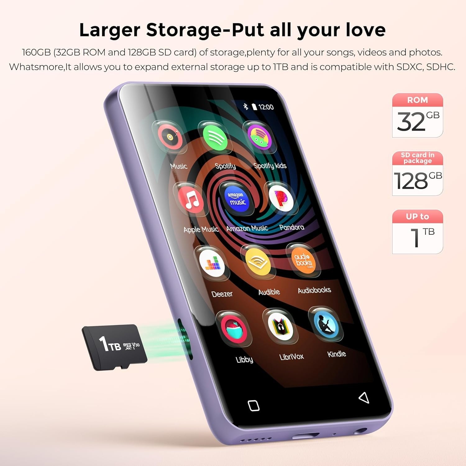 32GB MP3 Player Bluetooth WiFi Touchscreen with Armband – White+Purple