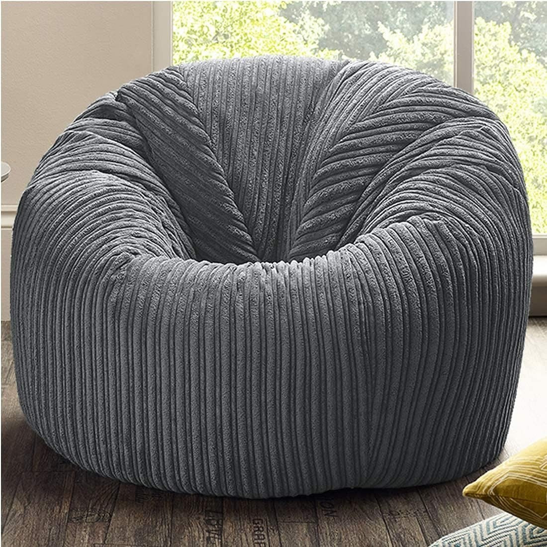 Plush Cord Beanbag Chair Grey Recliner – Lounge Seat for Gaming & Relaxing