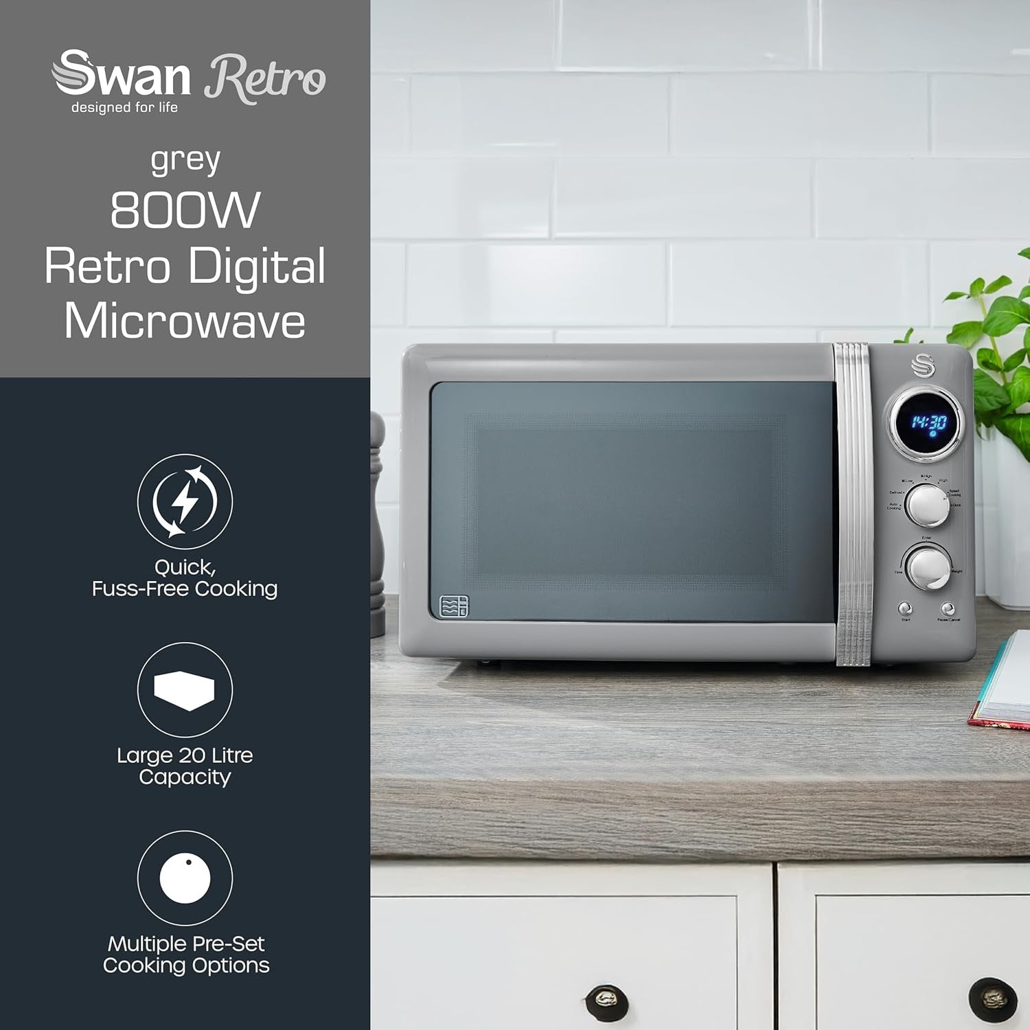 Grey 20L Retro LED Microwave 800W 6 Power Levels Defrost