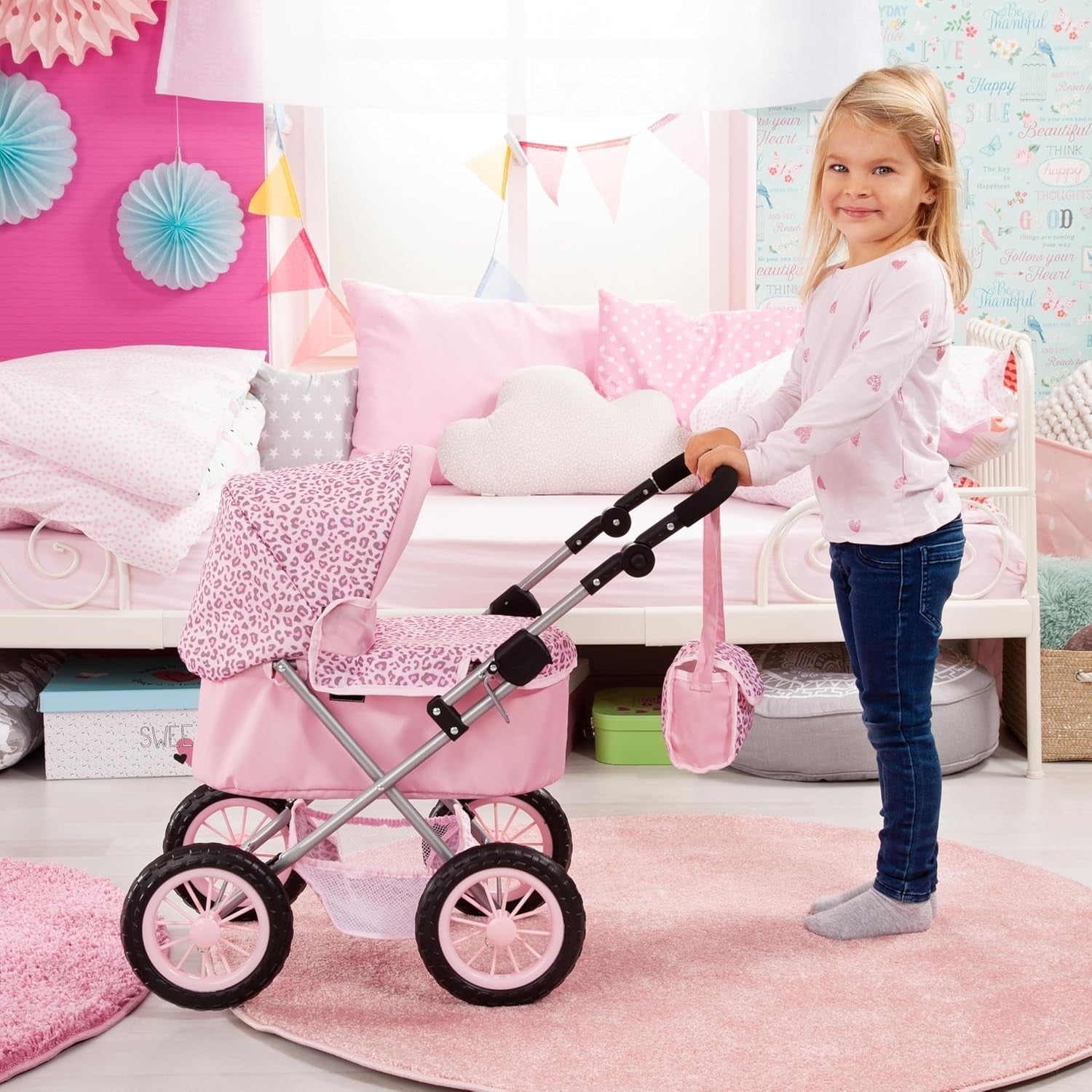 Doll Pram Pushchair Foldable Adjustable Handle with Bag Basket Fairy 46cm
