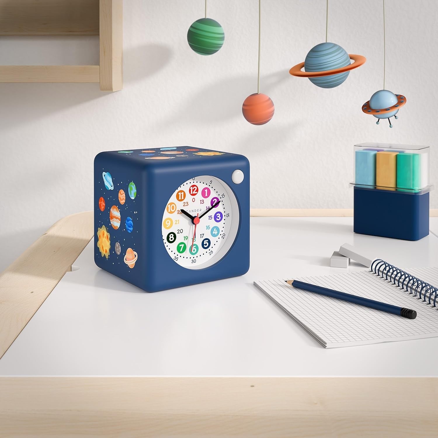 Children’s Silent Alarm Clock Night Light Snooze Space Cube Blue
