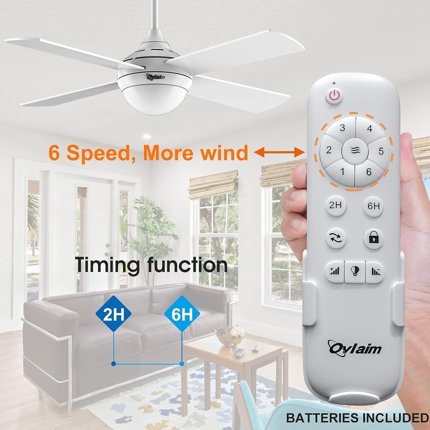 Ovlaim 48-Inch Ceiling Fan with Light, 4 Blades, 3-Color LED, Remote Control