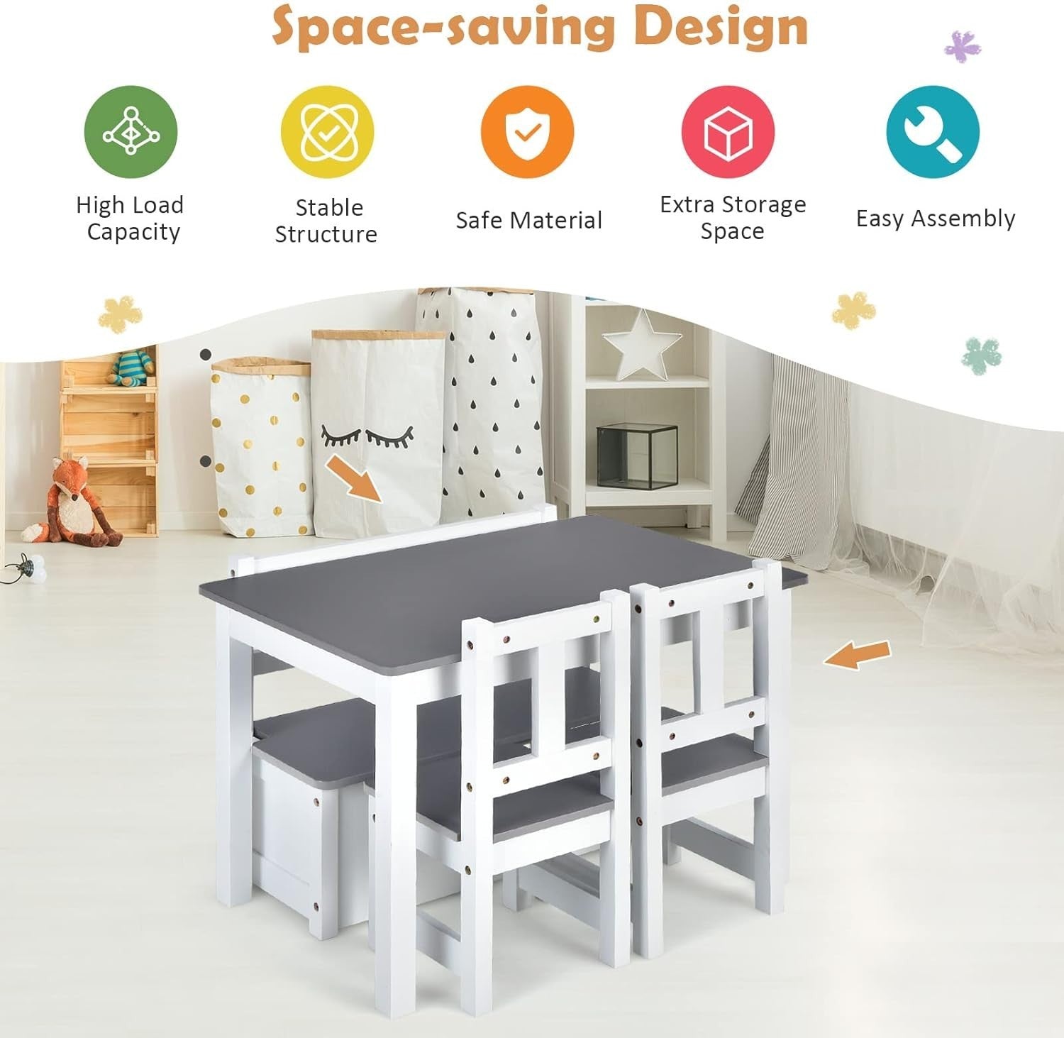 Kids Table Chair Set with Storage Bench 4pc Furniture Grey Playroom Desk