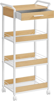 4 Tier Storage Trolley Rolling Cart with Drawer Table Top Mesh Shelves